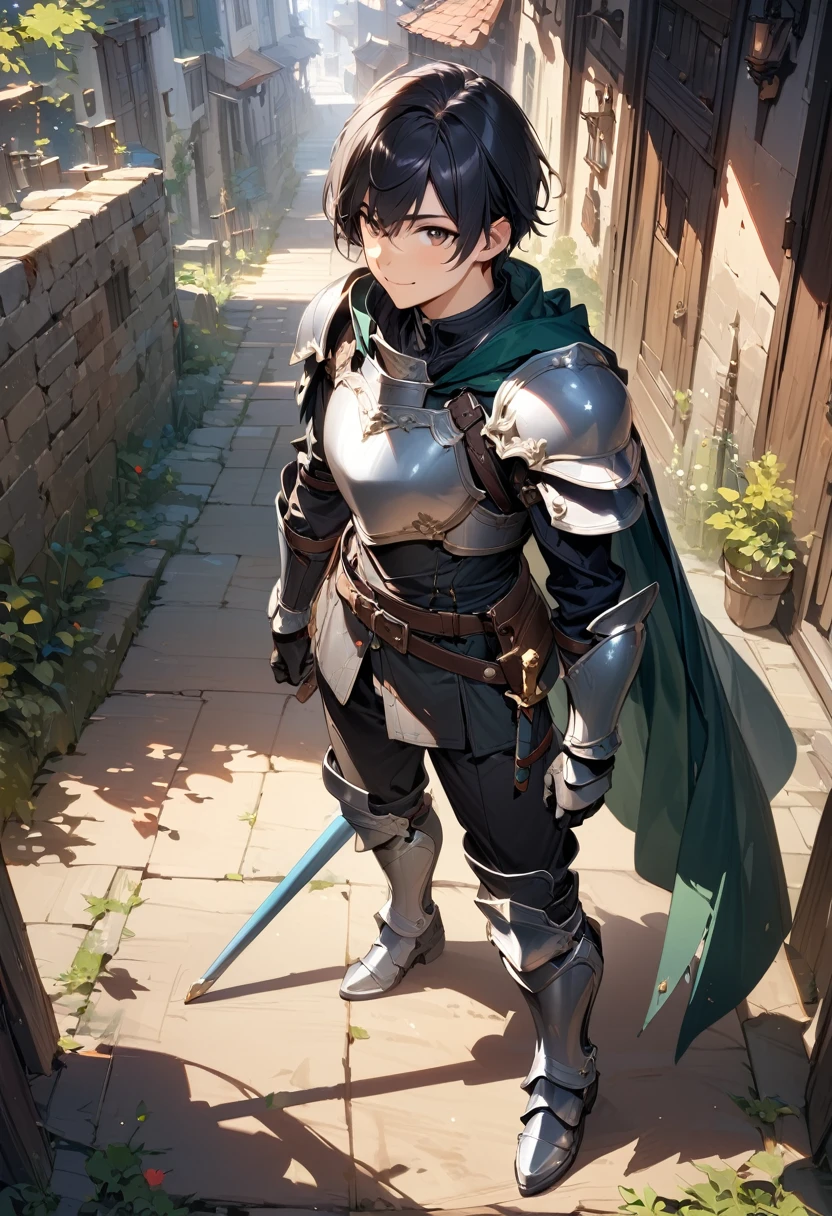 (masterpiece),(best quality),(ultra-detailed),(best illustration),(best shadow),(absurdres),(detailed background),(very aesthetic), 1boy, male-focus, armor, solo, cape, black-hair, gloves, holding, smile, belt, boots, full-body, standing, greaves, armored-boots, shoulder-armor, sheath, breastplate, pauldrons, short-hair,
