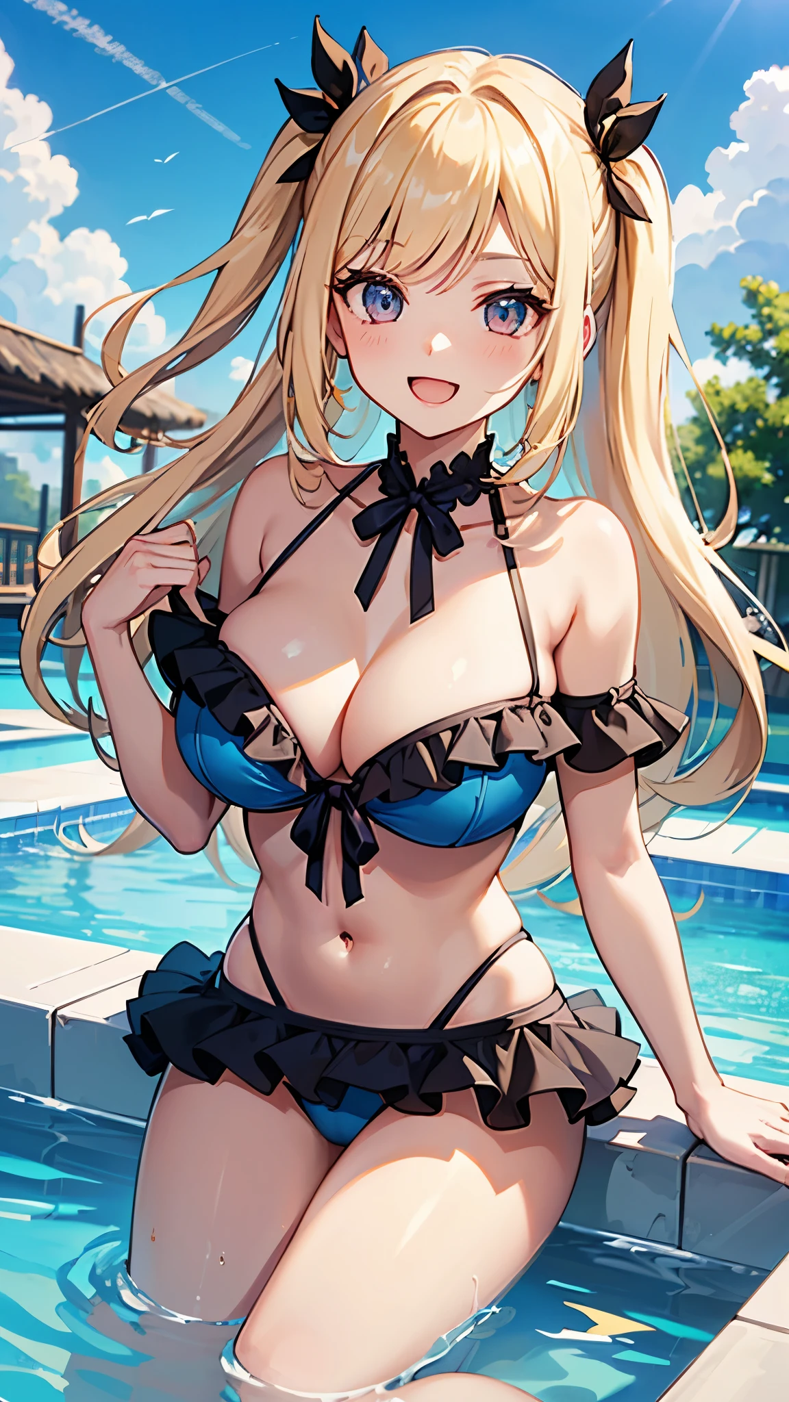 ((Best Quality)), (ultra-detailliert), ((Extremely detailed)), (Beautiful), ((Kawaii Girl)), ((UHD)), (masterpiece), (high quality), (best quality), (4K), (high quality), 1, solo girl, 1girl, ((platinum blond hair)), parted bangs, ((hair intakes)), long hair, (hair two side up long), ((jade colored eyes)), slanted eyes, large breasts, slender body, lite blue frilled bikni, (strings frilled) bikini, Pool Background, (blue sky:1.3), solar, sunlight, anime, ;D