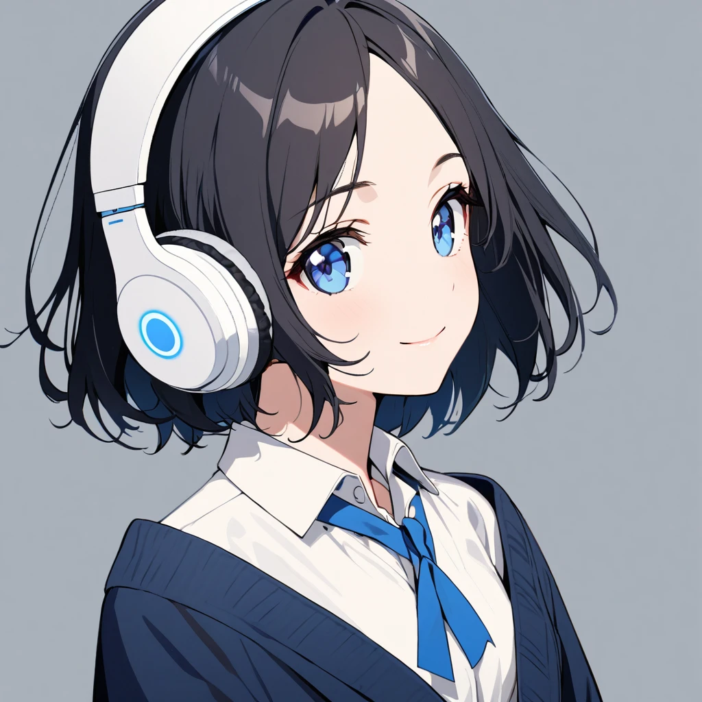 beautiful 1girl, solo, gentle smile on her face flat chest, short hair, black hair, beautiful blue eyes, young, adult woman, blank background, while wearing wireless white headphones, formal white shirt and a blue bowtie