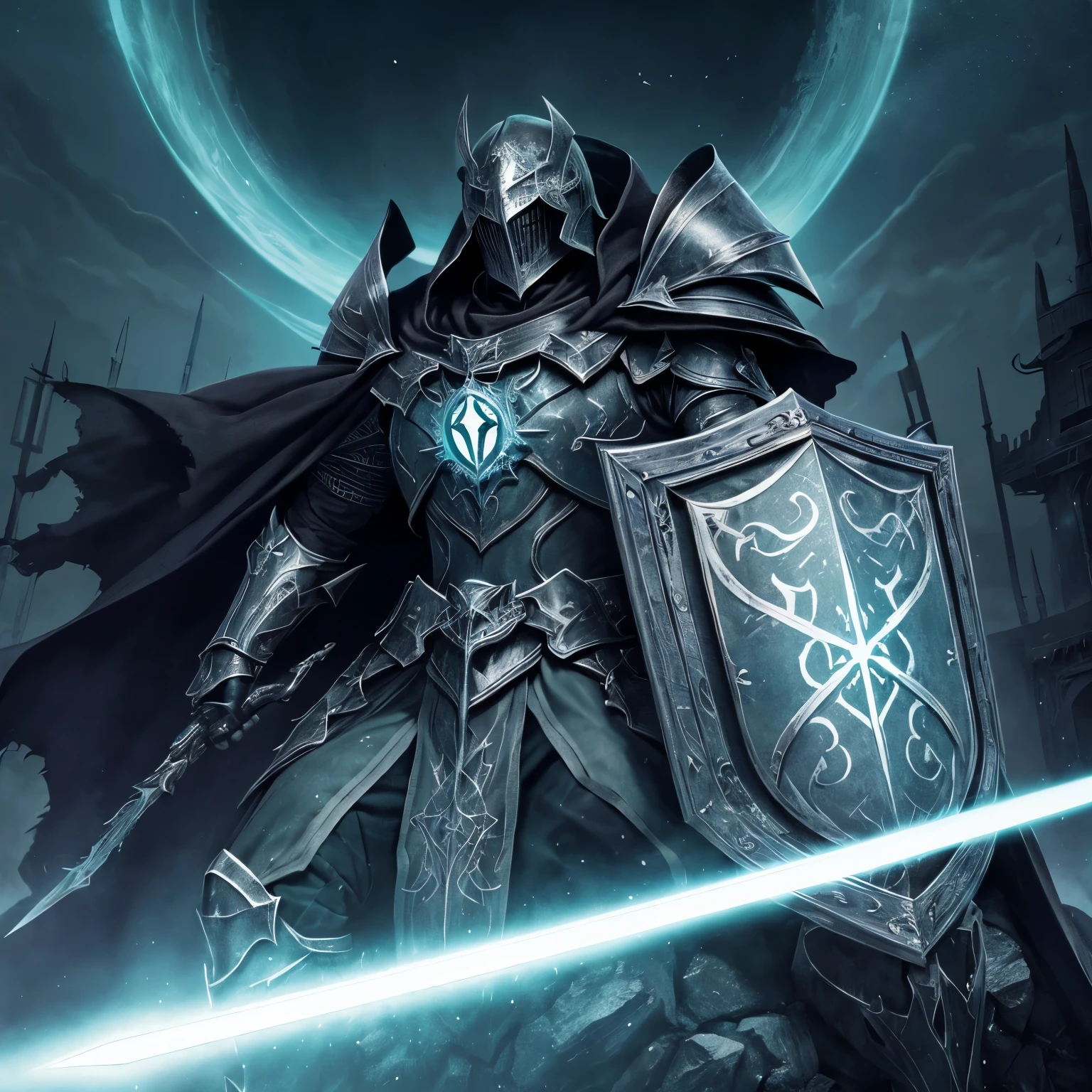 spectral knight, old and worn armor, aura of despair, corrupted, holding a shield, sitting in a throne, (big shield with dark symbols), sword with dark glow, torn cloak, eyes shining in a dark tone, ancient fortification environment, atmosfera carregada de energia phantomgórica, phantom, green aura