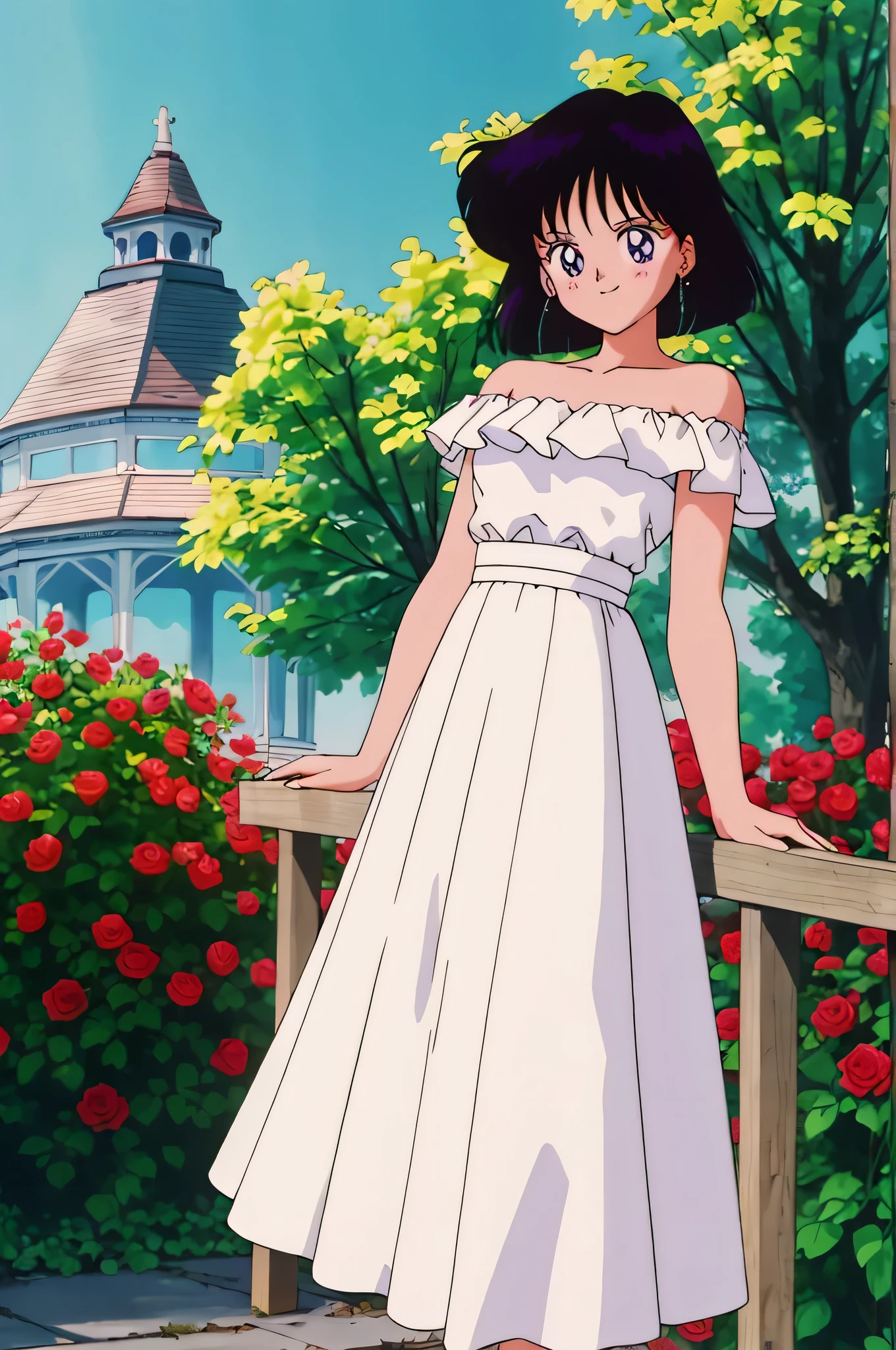 (retro anime girl:1.2), (white dress:1.1), (masterpiece:1.2), (best quality), (ultra detailed), (8k,4k), (half body:1.2), (cowboy:1.2), (close up:1.2), (highly detailed:1.2), (Ruffle Off-the-shoulder top:1.4), (Maxi skirt:1.4), Hotaru Tomoe, 1 girl, solo, Best quality, masterpiece, High Definition, Teenager, Purple Eyes, Beautiful Detail Eyes, Black Bob Hair, Good hands at sides, Smile, Blushing, Bare Neck, Bare Arms, Bare Shoulders, short sleeve, Strapless, White Ruffle Off-the-Shoulder Top, White Off-the-shoulder Dress, White maxi dress, walking in the garden, looking at viewers, garden, sunset skies, rose bushes, outdoor gazebo