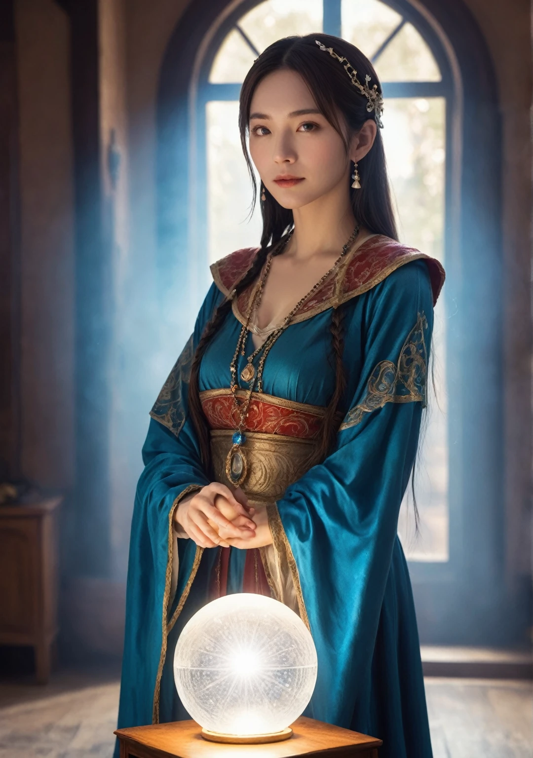 Face direction: front.Female fortune teller. Charm, Beautiful and mysterious. She is wearing a blue cape、It has distinctive features. The atmosphere is bright and shining, Filled with anxiety and anticipation. The fortune teller is standing there. Body facing forward. He is looking at you. He has a crystal ball in his right hand.. The lighting in the room is bright, casting a magical ambiance. Best image quality, 4K or 8K resolution. The level of detail is very fine、It&#39;s real, Close to photorealism. Artistic style is、It should reflect the official aesthetic with bright colors and strong contrast.. The color palette should emphasize the mysterious and mystical theme of the piece.. The fortune teller&#39;s cloak is decorated with a 1:1 metal trim..5. Complex Design. The overall atmosphere is magical, Like a starry sky. The fortune teller&#39;s facial expression should arouse mystical interest..