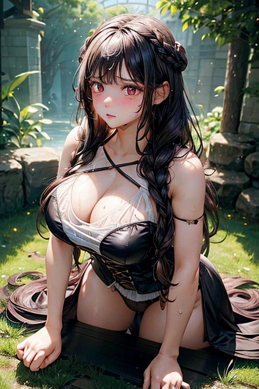 1woman, Brunetette, blackquality hair, long braided hair, rapunzel, tense facial expression, tossing your hair, lush ass, see-through camisole, flower in hair, good backlighting, war zone, big-ass, breastsout, chubby, wet, standing on all fours, shy, corset