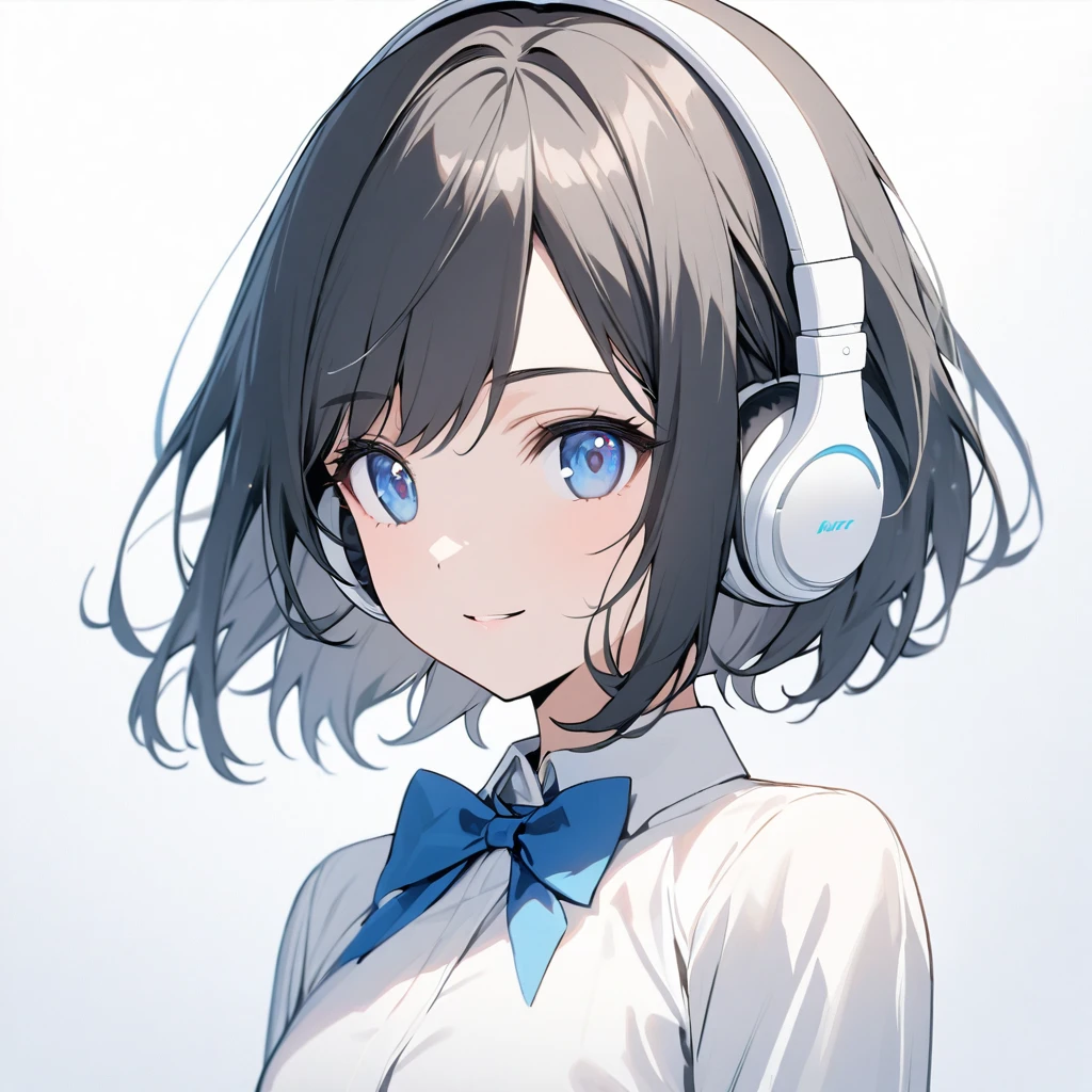 beautiful 1girl, solo, gentle smile on her face flat chest, short hair, black hair, beautiful blue eyes, young, adult woman, blank background, while wearing wireless white headphones, formal white shirt and a blue bowtie