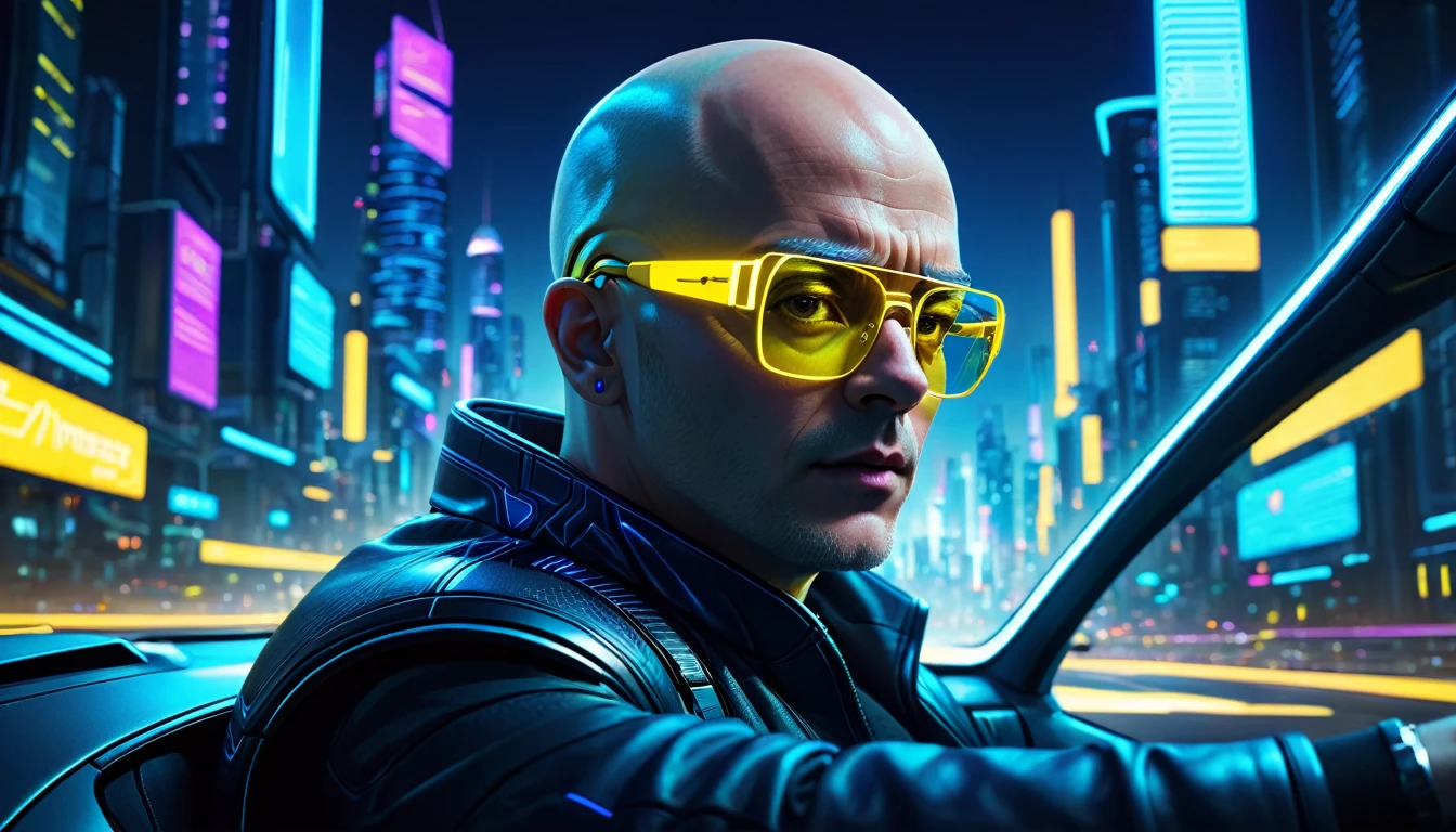 a medium prompt of a bald white man with yellow glasses, with a bright blue microchip behind his ear, driving a car at night in a futuristic city, cinematic, high detail, futuristic cityscape, night scene, glowing neon lights, advanced technology, dramatic shadows, dynamic composition, sci-fi concept art, moody atmosphere, cinematic lighting, 8k resolution