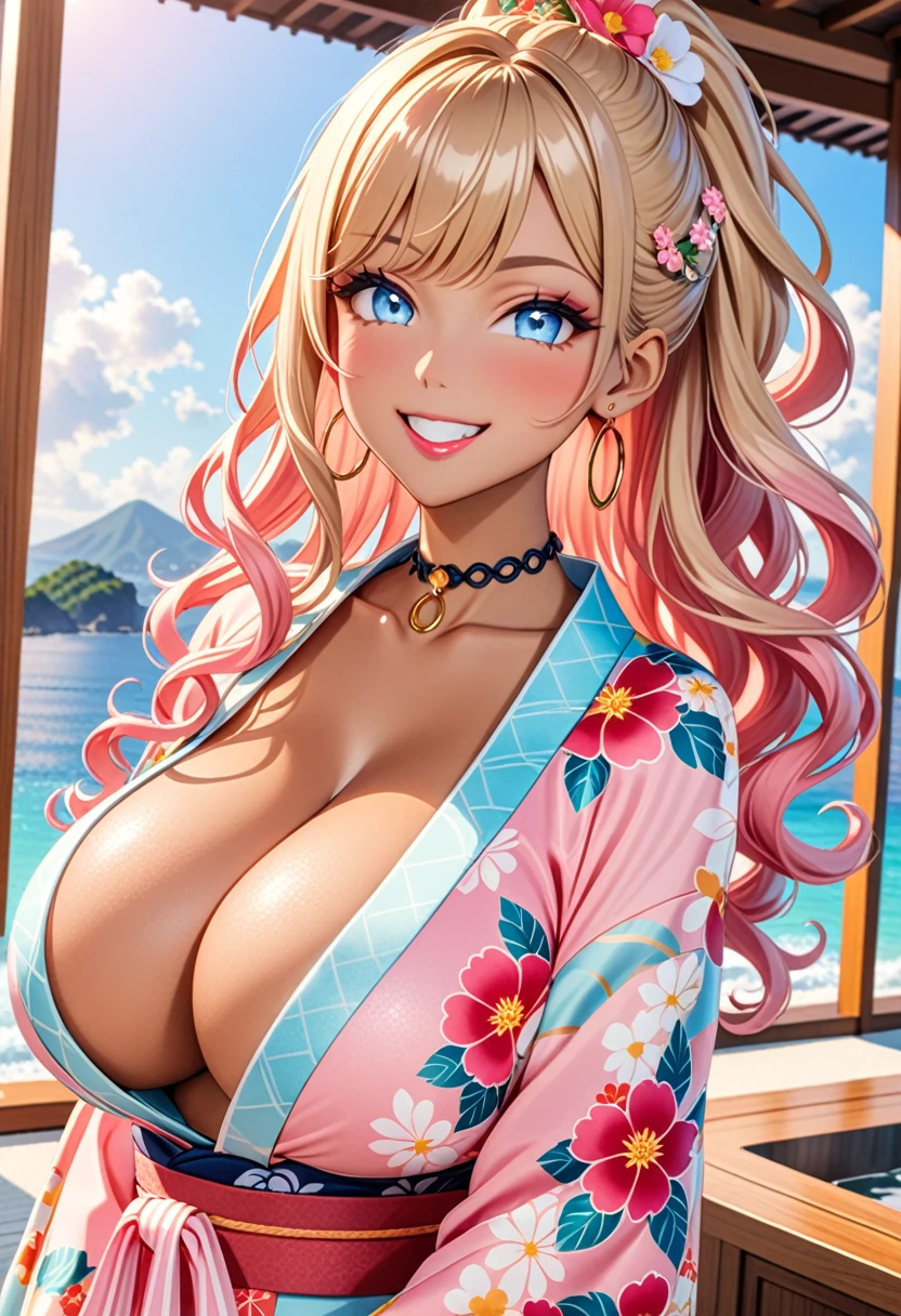 ultra-detailed, ((one girl)), (portrait), (tan skin:1.4), in pastel colors gyaru, (heavy makeup), (professional lighting), hyper detailed, absurdres, 8k, Beautiful Face, (Laugh shyly), ((teasing smile:1.2)), ((happy smile:1.4)),  ((Wink:1.5)), (Laugh with your mouth wide open),((Tilt your face:1.6)), View your viewers, ((Bright red cheeks:1.4)),Glossy shocking pink lips, ((huge breasts:1.6)), undressing, ((She is naked up to her shoulders, highlighting her cleavage.)), ((Her tattoo peeked through her kimono:1.2)), noon, summer, Luxury resort with ocean view, ((Anime style background)),masterpiece, Highest quality, (Brighten your face), so beautiful,Latest, Complex details, ((fluorescent pink long nail:1.2)), (ring),(bracelet), (Floral Choker),AI-generated, Complex,High resolution, Highest quality, super high quality,3D Images、3D Images,One person, (blond long hair), (High Ponytail), (wavy hair:1.4), Anime woman posing for a photo, ((Eyes with detailed pupils、blue eyes、glowing eyes:1.3)), BREAK, (Squint your eyes:1.1),a hyperRealistic , hyperRealistic , Realistic,Anime woman with long honey blonde hair, Smooth anime CG art, A girl in a gorgeous pastel-colored kimono, ((Pastel-colored furisode)),(Pink large floral pattern),  (sideboob), Long flower hair ornament,large gold hoop earrings, Mature Body, tall,Narrow waist,((dutch angle)), ((model posing:1.3)), extreme close-up shot,