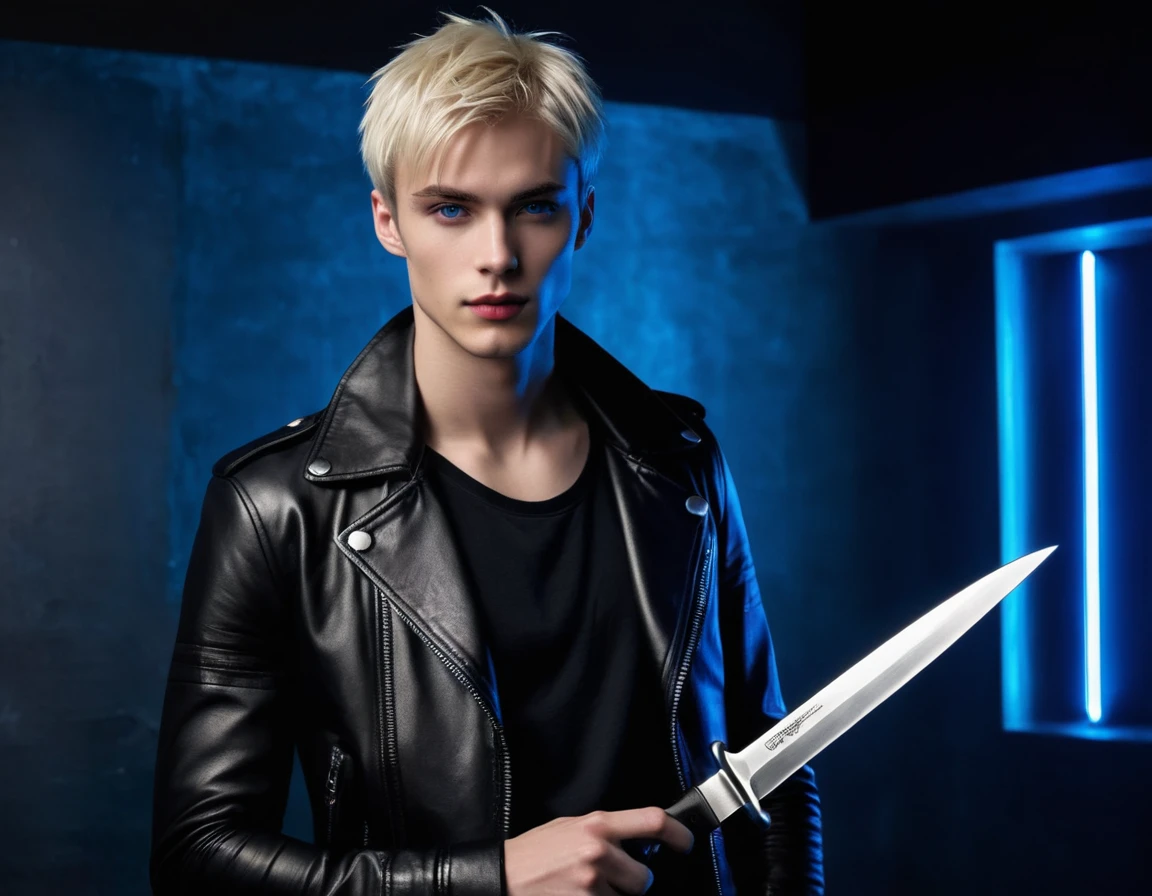 Hyper realistic, dark vibes, solo, attractive young guy, male, (skinny and thin:1.1), 22 years, pale skin, blue eyes, (short layered shaggy platinum blond hair:1.1), side swept bangs, (holding knife:1.2), black leather jacket, black eyeliner, dark lighting, in luxury BDSM room, (smirk:1.1), (visible neon red crescent moon writing sign in background text "CONTEXT" in blue:1.1)