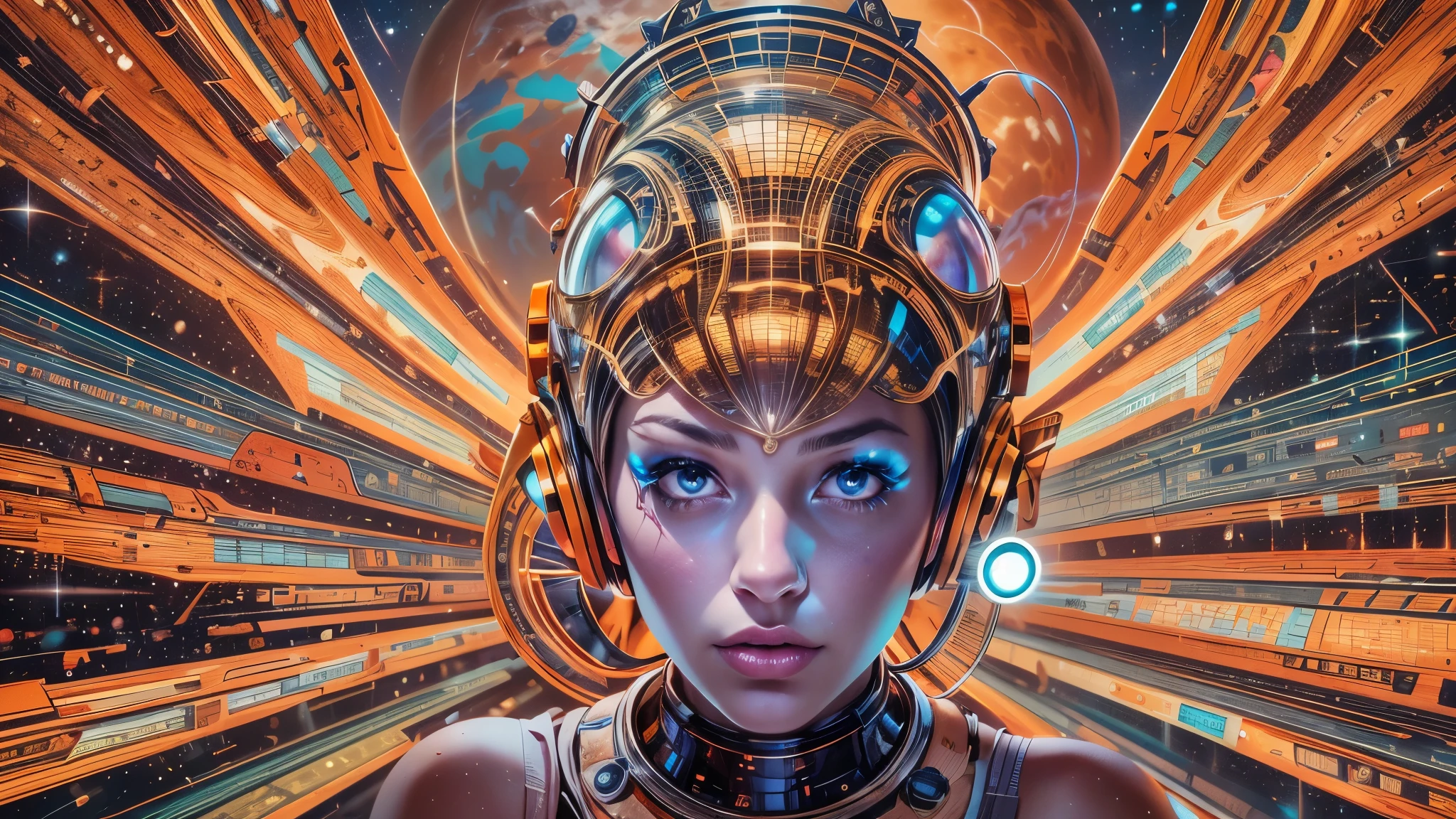 Sci-fi painting by Lou Cameron, (outer space, planets, stars, rockets, flying saucer, alien, space battle, Lazer gun, Lazer beams), proportional hands, (beautiful woman, proportional features, detailed eyes, worried expression),