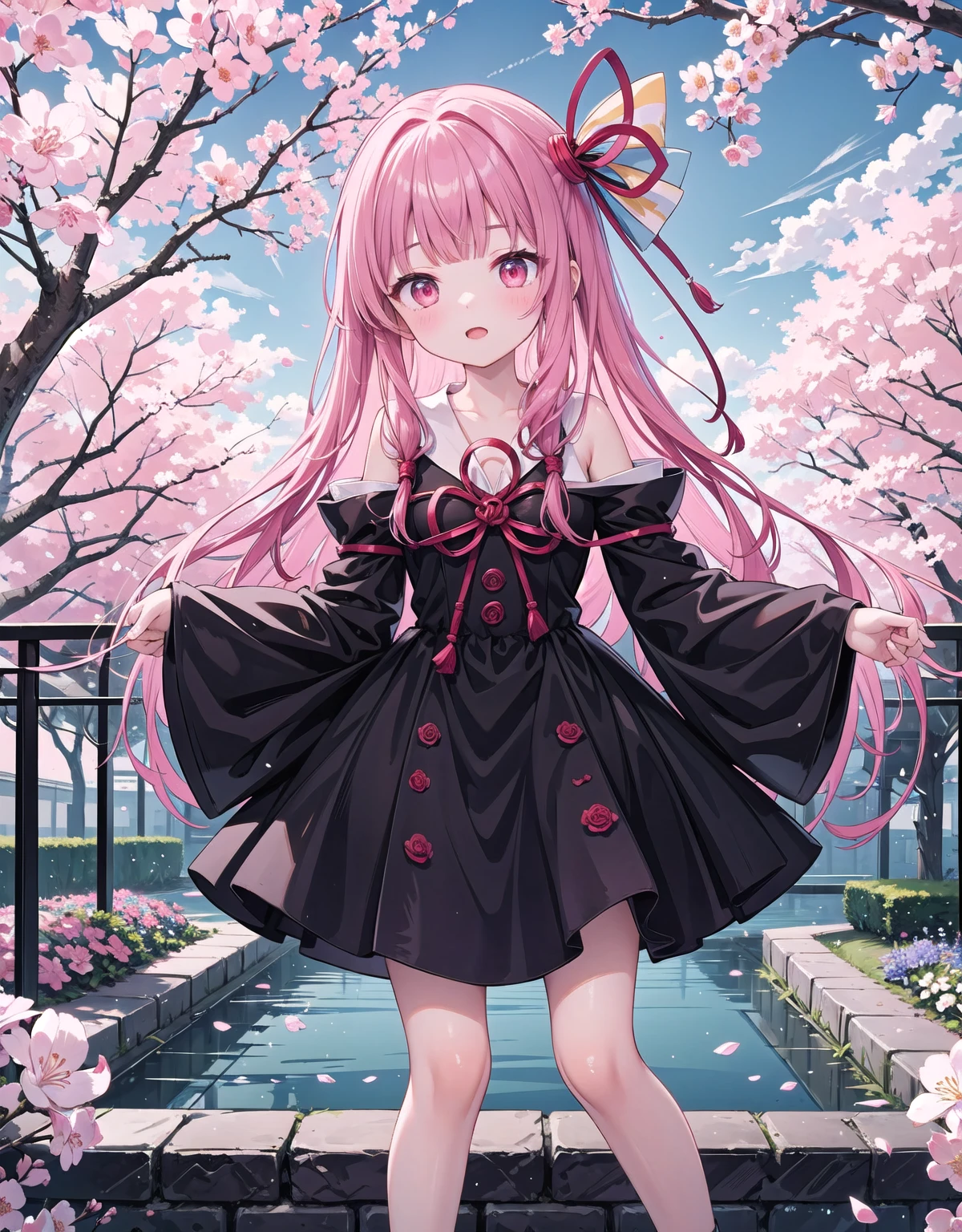 (masterpiece, Highest quality:1.2), One Girl, Kotonoha Akane,magnificent panorama view:1.2,overlooking:1.2,,Cinema Lighting,Hair Ribbon,Black Dress,Wide sleeves,Exposing shoulders,Cherry blossom trees in full bloom,petal,Leaning forward,petalの地面,bright:1.2