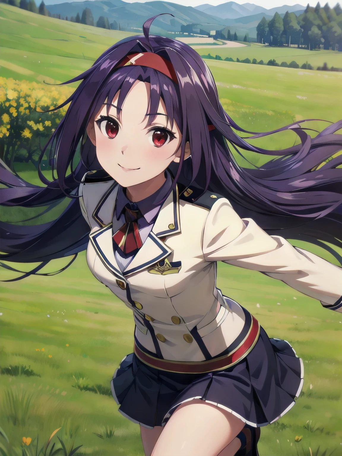 1 Girl ,grassland、Shooting from the front、(running:1.5),road、garden、smile、masterpiece, Highest quality, 8k, Ultra-high resolution, Anime Style, smile、Best writing, Beautiful Face, Yuuki Konno、Yuuki Konno、1 girl, alone, hair band、Long Hair、Purple Hair、(Red eyes:1.5)、(Small breasts:1.2)、Closed Mouth、Breaking black thighs、uniform、blazer, Pleated skirt, School, blush, smile、Highest quality、(An illustration:0.8)、(Beautiful attention to detail:1.6)、Highly detailed face、 whole body, Front view:0.6,(Flowing landscape:1.5)、Cowboy Shot,(Flowing Grass:1.5)、4K,8k