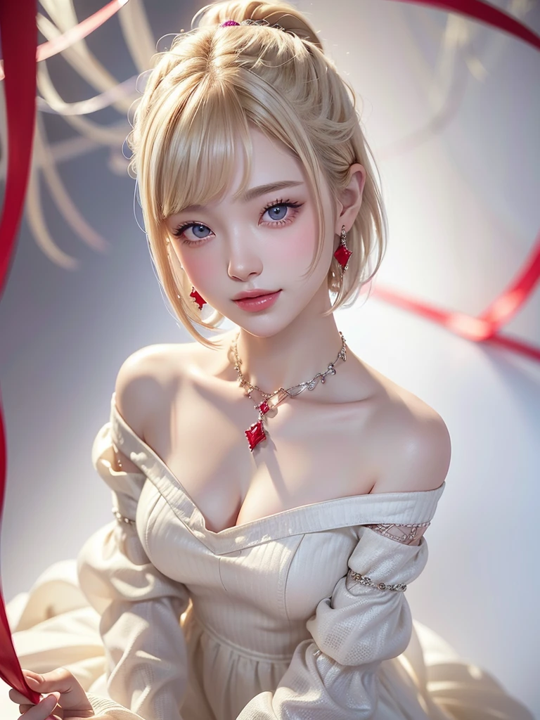 8k,Confused, High resolution, Very detailed, 1 girl, alone, Very beautiful eyes, Ultra-precise depiction, Artistic、Very detailed depiction, (Tangled:1.2), , (White high key background:1.5), (((Red off-shoulder dress 1.5))), 、 short hair、Earrings and Necklaces、Platinum Blonde Hair, (Glowing Skin), Many colors, , (Shooting from above:1.2),、Flat Body、slim、cute、、Round face、Cast a Shadow、、Smile 1.3