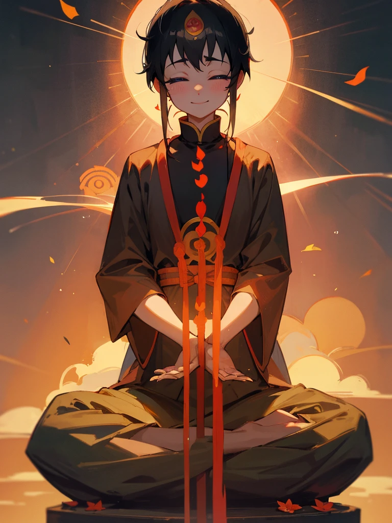 Amitabha Buddha smile eyes closed zazen prayer hands black hair third eye tears halo