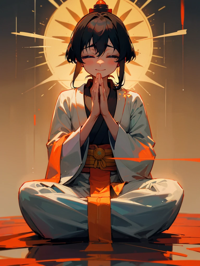 Amitabha Buddha smile eyes closed zazen prayer hands black hair third eye tears halo
