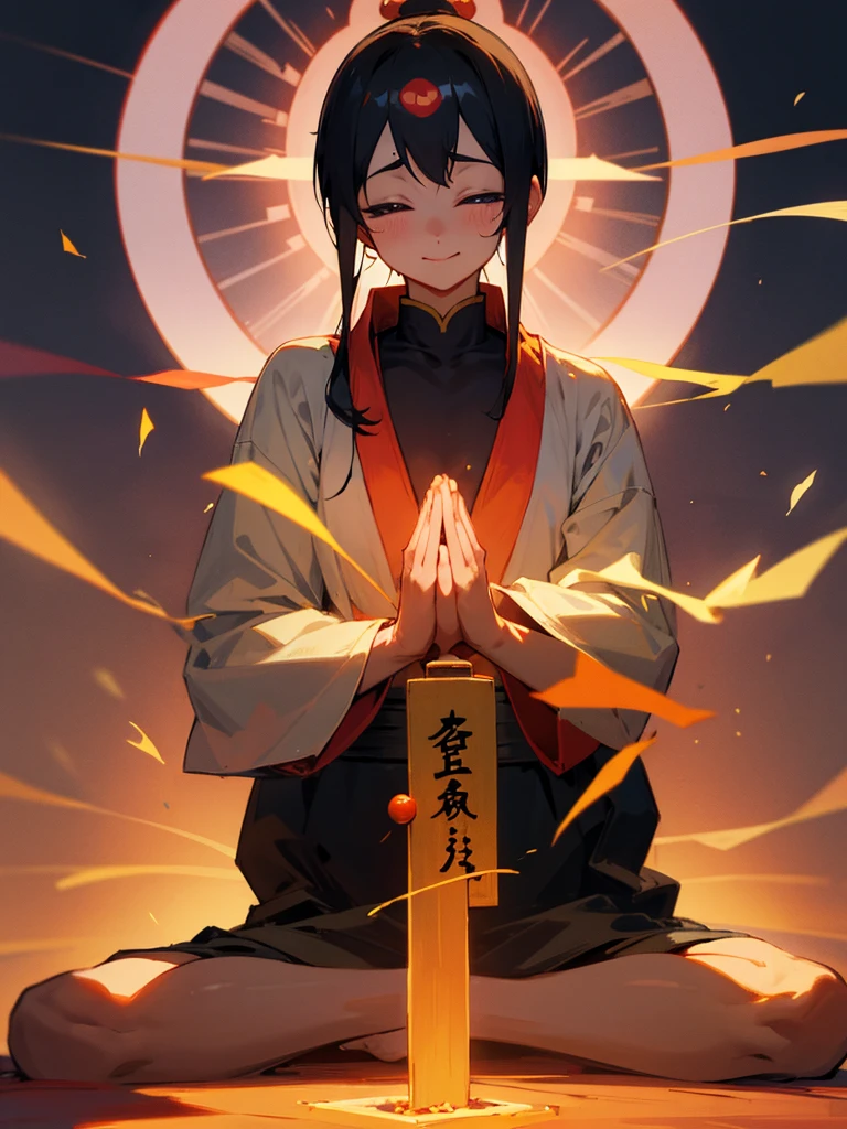 Amitabha Buddha smile eyes closed zazen prayer hands black hair third eye tears halo