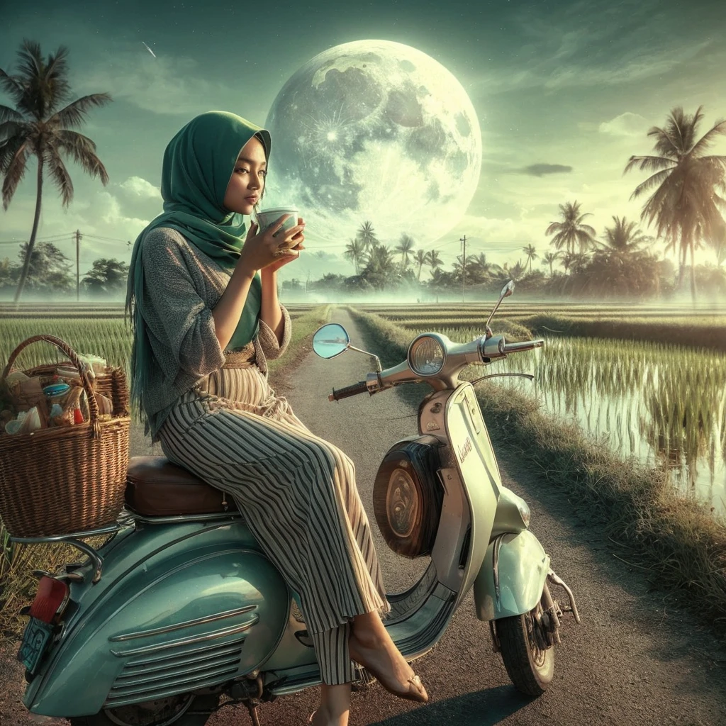 Beautiful Indonesian woman, perfect oval face without flaws, curvaceous body, realistic skin, long brown hair. wearing a white t-shirt and torn jeans while drinking coffee, an old Vespa motorbike, a license plate that says 'Ary Dewi' passing on a dirt road beside the rice fields, moonlit atmosphere, clear sky, complicated chiaroscuro, realistic image, holographic, 8k view, beautiful view of the bicycle old Vespa motorbike passing on a dirt road beside rice fields, moonlit atmosphere, clear sky, intricate chiaroscuro, realistic, holographic image, 8k view, beautiful view