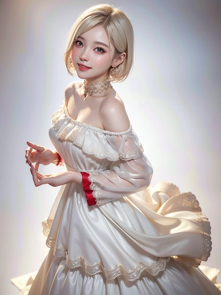 8k,Confused, High resolution, Very detailed, 1 girl, alone, Very beautiful eyes, Ultra-precise depiction, Artistic、Very detailed depiction, (Tangled:1.2), , (White high key background:1.5), (((Red off-shoulder dress 1.5))), 、 short hair、Earrings and Necklaces、Platinum Blonde Hair, (Glowing Skin), Many colors, , (Shooting from above:1.2),、Flat Body、slim、cute、、Round face、Cast a Shadow、、Smile 1.3