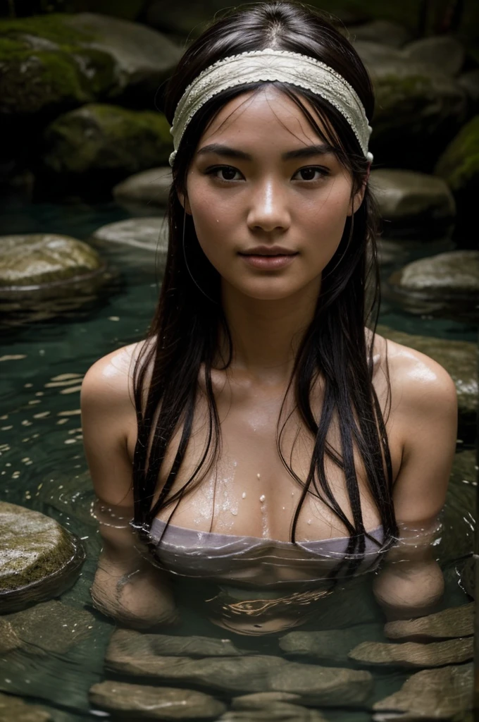 Best Quality, masterpiece, super high resolution, A super model submerged in hot springs in Japan., outdoor hot springs, stone hot springs, surrounded by moss and trees, super beautiful face, pure body, clear pores visible, (smile:0.8), using division (lace headband:1.2), (Realism:1.5), Photo original, soaked body, covered in sweat, bare shoulders, In the dark, deep shadows, low-key, cold light