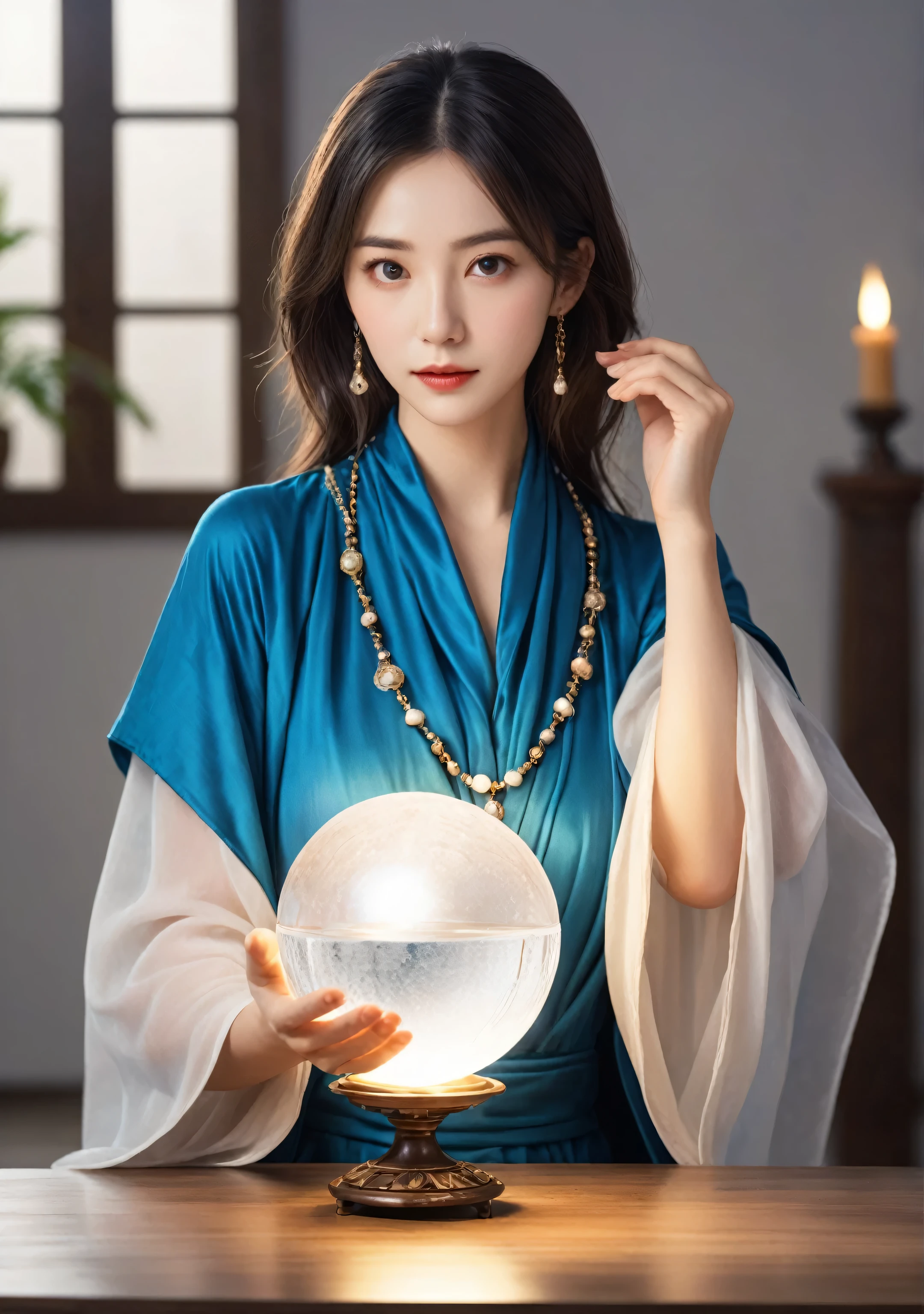Face direction: front.Female fortune teller. Charm, Beautiful and mysterious. She is wearing a blue cape、It has distinctive features. The atmosphere is bright and shining, Filled with anxiety and anticipation. The fortune teller is standing there. Body facing forward. He is looking at you. He has a crystal ball in his right hand.. The lighting in the room is bright, casting a magical ambiance. Best image quality, 4K or 8K resolution. The level of detail is very fine、It&#39;s real, Close to photorealism. Artistic style is、It should reflect the official aesthetic with bright colors and strong contrast.. The color palette should emphasize the mysterious and mystical theme of the piece.. The fortune teller&#39;s cloak is decorated with a 1:1 metal trim..5. Complex Design. The overall atmosphere is magical, Like a starry sky. The fortune teller&#39;s facial expression should arouse mystical interest..