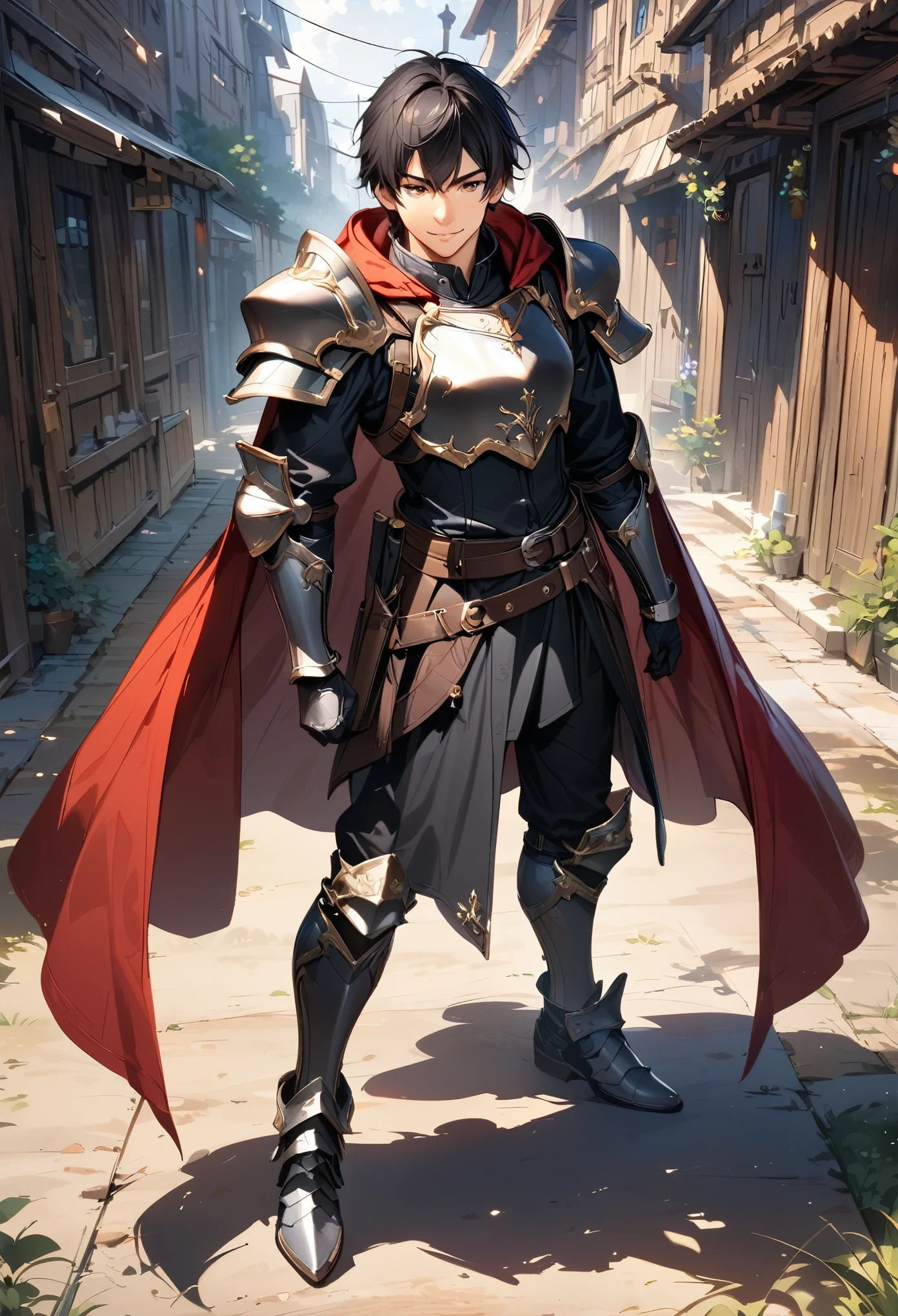 (masterpiece),(best quality),(ultra-detailed),(best illustration),(best shadow),(absurdres),(detailed background),(very aesthetic), 1boy, male-focus, armor, solo, cape, black-hair, gloves, holding, smile, belt, boots, full-body, standing, greaves, armored-boots, shoulder-armor, sheath, breastplate, pauldrons, short-hair,