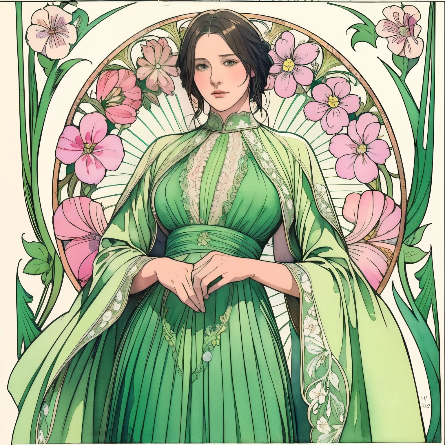 ((masterpiece)), (Highest quality), Art Nouveau watercolor, (Simple style), Green Dress, Butterfly Heart, Pleated lace, edwardian lace dress , Flower-like_background, Intricate designs and patterns in the style of Alphonse Mucha.From below.