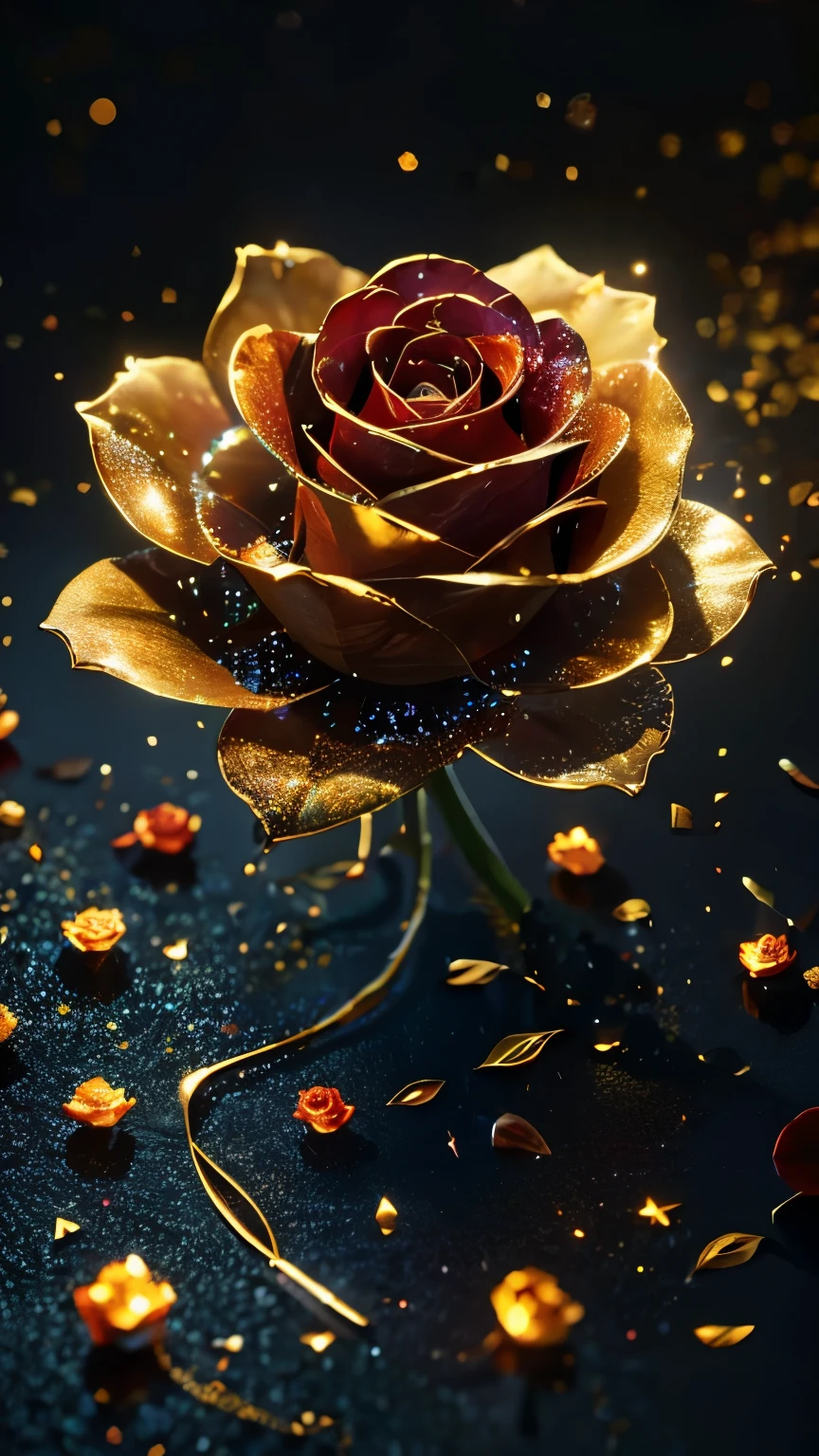 Ultra-realistic capture,18k,RAW Photos,of the highest quality,masterpiece,reality,Very detailed,a red and black rose with golden edges and with dew drops with a black background,