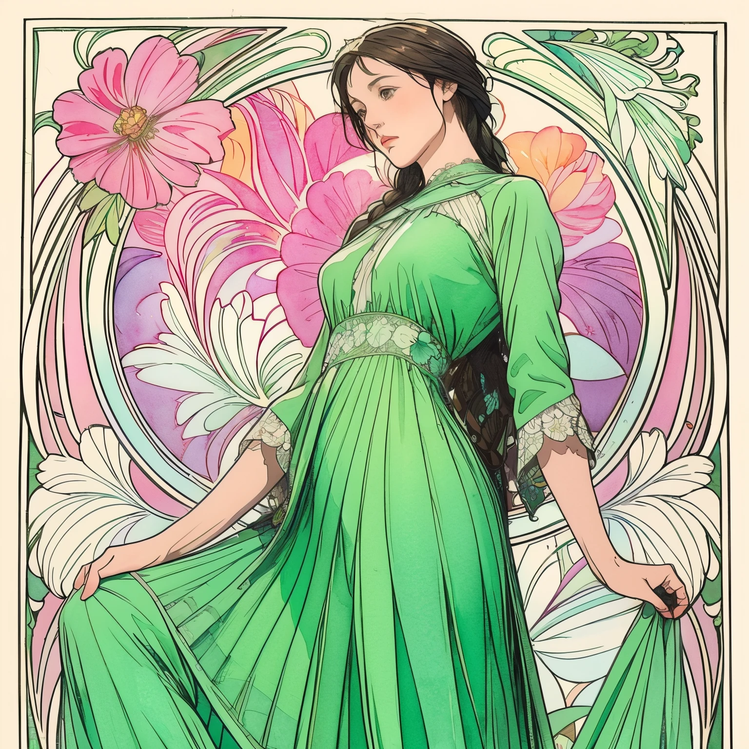 ((masterpiece)), (Highest quality), Art Nouveau watercolor, (Simple style), Green Dress, Butterfly Heart, Pleated lace, edwardian lace dress , Flower-like_background, Intricate designs and patterns in the style of Alphonse Mucha.From below.