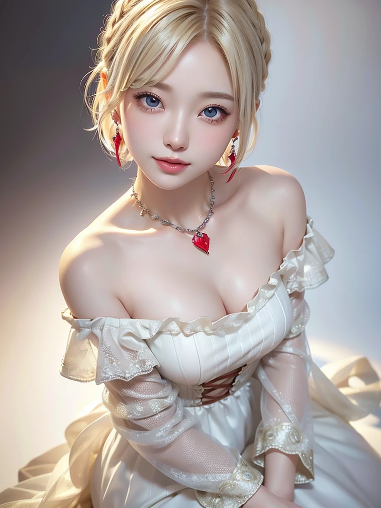 8k,Confused, High resolution, Very detailed, 1 girl, alone, Very beautiful eyes, Ultra-precise depiction, Artistic、Very detailed depiction, (Tangled:1.2), , (White high key background:1.5), (((Red off-shoulder dress 1.5))), 、 short hair、Earrings and Necklaces、Platinum Blonde Hair, (Glowing Skin), Many colors, , (Shooting from above:1.2),、Flat Body、slim、cute、、Round face、Cast a Shadow、、Smile 1.3