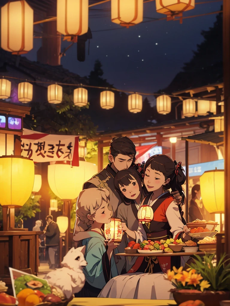 A family consisting of a couple and a , enjoying a Japanese festival 