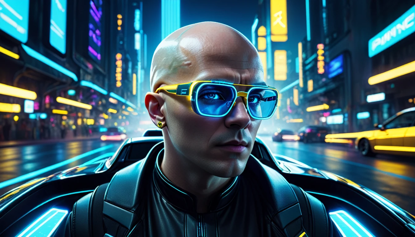 a high quality professional photo of a bald white man with yellow glasses, with a bright blue microchip behind his ear, this detail is well highlighted, driving a car at night in a futuristic setting, cinematic, front view, urban, high tech, dark atmosphere, glowing neon lights, cyberpunk vibes, cityscape in the background, realistic, surreal, high detail, digital art, futuristic car design, dynamic composition, moody lighting, cinematic color grading, 4k.