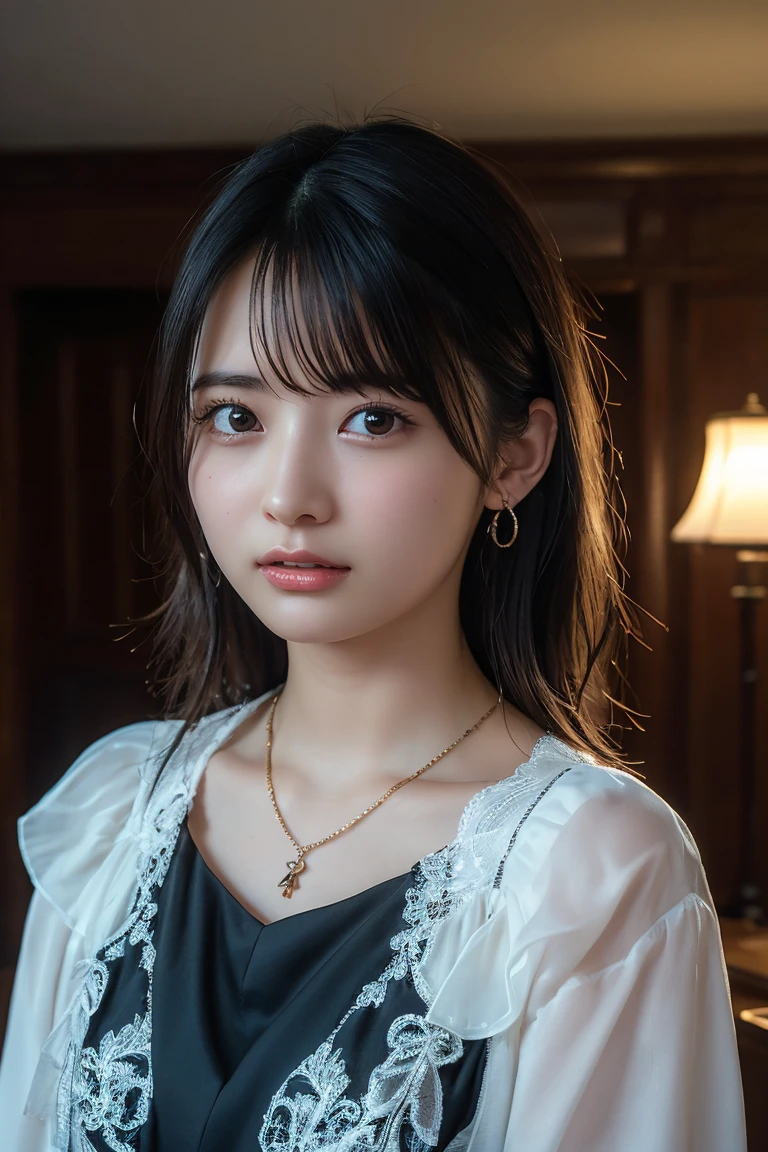 (Highest quality:1.4),(masterpiece:1.4),(Realistic:1.4),(Realistic:1.2),(超High resolution, RAW Photos:1.4),(High resolution, Ultra-detailed:1.2),(8k:1.2),View your viewers,Cinematic photography,One girl,skeletally correct,Black-haired woman,Woman in her early 20s,(Small earrings,necklace,Metallic Dresses),(Western-style building interior,Dimly lit room,The lamplight shines on my cheeks)