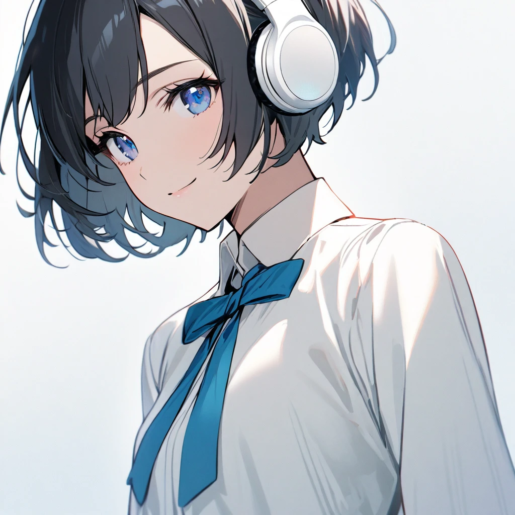 ((ultra-detailed))/one women, short black hair and bob hair.、beautiful blue eyes,.、smile、gentle smile on her face、flat chest, one Beautiful girl,((masterpiece, illustration, best quality) ((ultra-detailed))/solid white background,blank background, while wearing wireless white headphones, full upper body, white dress shirt, blue bowtie, no cut outs