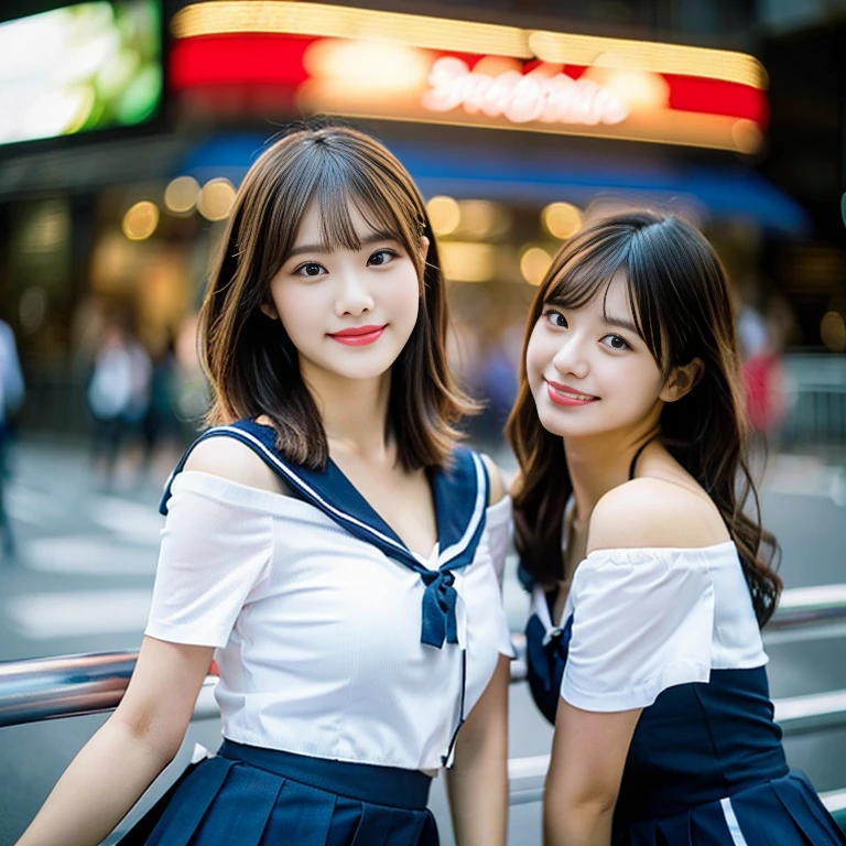 (a trio of gorgeous ladies, in their 20s, at Tokyo. They are dressed in chic & trendy fashion, serafuku, sailor uniform, JK uniform cosplay, Off-Shoulder Midi Dress, Elegant Red dress, mini-skirt, pencil skirt, Button Details, feminine, random & natural pose under night sky, beautiful detailed face, beautiful detailed eyes, dimpled smile, kind & friendly smile, short straight hair, bob hair, ponytail, cute snagglooth, ample round bosom, medium chest, strengthened chest, healthy body proportion, enchanting cleavage, photorealistic, hyper-realism, high contrast, ultra HD, realistic skin textures, top image quality, top-quality, super high resolution, fine details, very meticulously, bokeh background, the_cowboy_shot, vivid colours,)