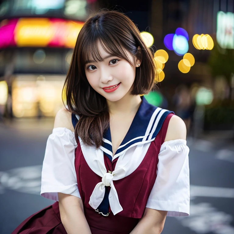 Image resolution 8K、masterpiece:1.3、cute、1 girl、(魅力的なBody Type:1.2)、abdomen:1.1、Dark brown hairstyle:1.1、(Body Type:1.2)、Ultra-detailed face、Attractive lips、double eyelid、Ultra-realistic and detailed Japanese school girl in a white short-sleeved zippered sailor suit and pink skirt、日本人のcute女の子、10th Generation、　(16 years old)、Night view and large fireworks in the background、Breast Size: 82cm、Smiling with a nice smile、color々Hair style、Hair blowing in the wind、