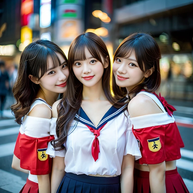 (a trio of gorgeous ladies, in their 20s, at Tokyo. They are dressed in chic & trendy fashion, serafuku, sailor uniform, JK uniform cosplay, Off-Shoulder Midi Dress, Elegant Red dress, mini-skirt, pencil skirt, Button Details, feminine, random & natural pose under night sky, beautiful detailed face, beautiful detailed eyes, dimpled smile, kind & friendly smile, short straight hair, bob hair, ponytail, cute snagglooth, ample round bosom, medium chest, strengthened chest, healthy body proportion, enchanting cleavage, photorealistic, hyper-realism, high contrast, ultra HD, realistic skin textures, top image quality, top-quality, super high resolution, fine details, very meticulously, bokeh background, the_cowboy_shot, vivid colours,)