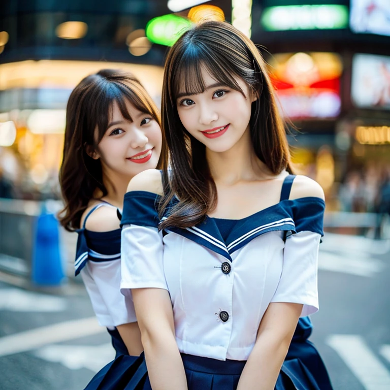 (a trio of gorgeous ladies, in their 20s, at Tokyo. They are dressed in chic & trendy fashion, serafuku, sailor uniform, JK uniform cosplay, Off-Shoulder Midi Dress, Elegant Red dress, mini-skirt, pencil skirt, Button Details, feminine, random & natural pose under night sky, beautiful detailed face, beautiful detailed eyes, dimpled smile, kind & friendly smile, short straight hair, bob hair, ponytail, cute snagglooth, ample round bosom, medium chest, strengthened chest, healthy body proportion, enchanting cleavage, photorealistic, hyper-realism, high contrast, ultra HD, realistic skin textures, top image quality, top-quality, super high resolution, fine details, very meticulously, bokeh background, the_cowboy_shot, vivid colours,)