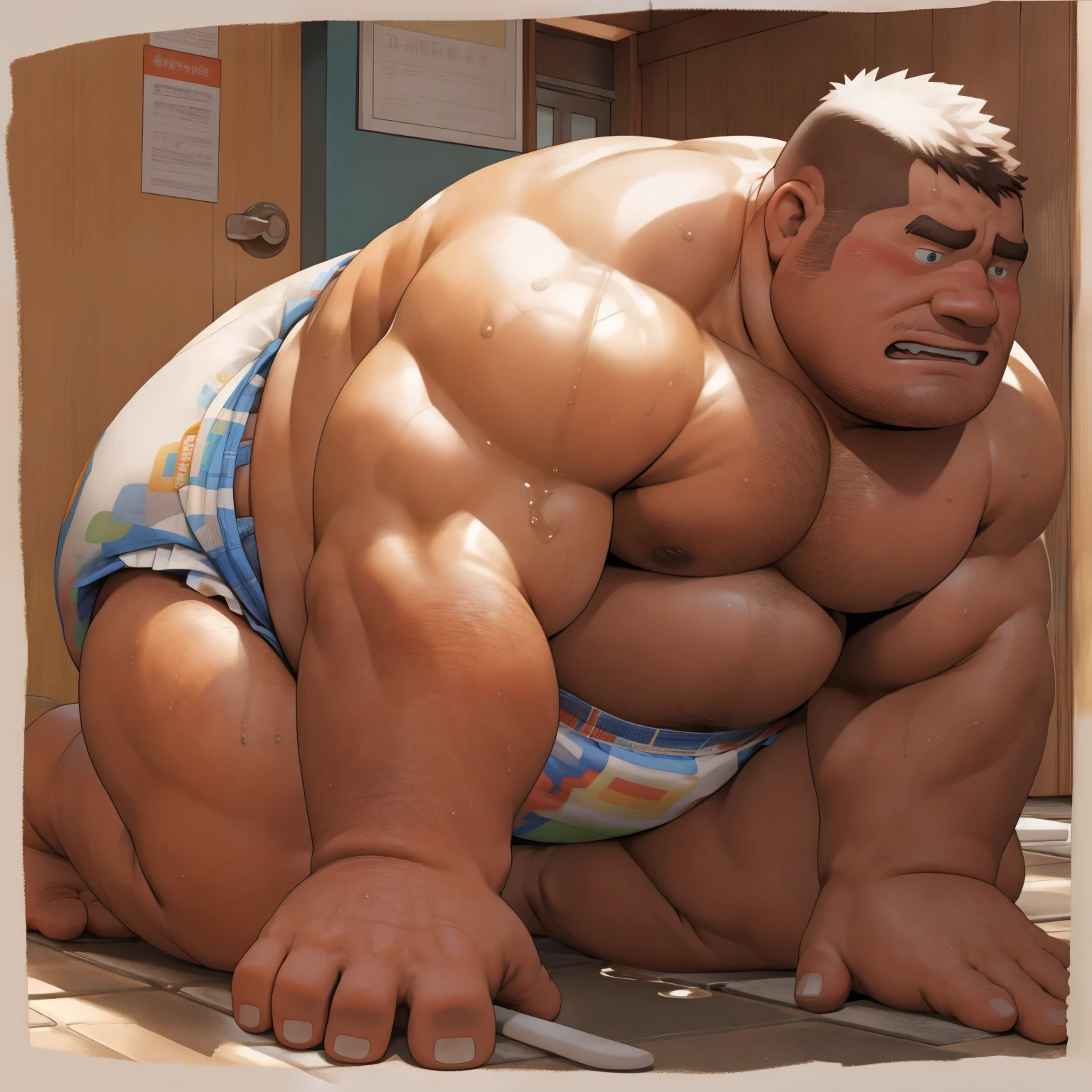 masterpiece, Top quality, in 32K, perfect anatomy, hyper detailed, super fine illustration, The thick man is a brutal prisoner, retarded, hairy human, 50yo in Japan, (fatness: 1.0), Fatty muscle, Bowleg, disappointment, incontinent, shy, sissy, Weaker than children, Drool, Round face, be diaper check by children, waddle, There is a small puddle under him, incontinent, Naked, short legs, Bowleg, spread legs, wear a White cloth Diaper, Bare belly, Bare legs, Bare foots, Bare soles, Shirtless, wide forehead and short thinning hair, Man with round face with stubble, Bare foots, Bare soles, He enters nursery school and is despised by children, He surrounded by children, His bottom is wet, Bare foots, big butt, he is scolded by the children, White Diaper, He surrounded by children, sobbing, wear a White cloth Diaper, shirtless, There is a small puddle under him, He enters nursery school and is despised by children, big butt, sobbing, He crawling to go to children, on all fours, side view