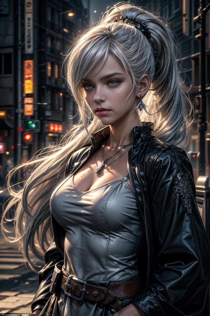 (masterpiece, best quality:1.2), cowboy shot, dynamic pose, weissvale, smile, closed mouth, looking at viewer, white dress, long white hair, side ponytail, scar above eye, scar below eye, jewelry, necklace, earrings, in city street (future_urban, crowd, (volumetric lighting), intricate details, tonemapping, sharp focus, hyper detailed