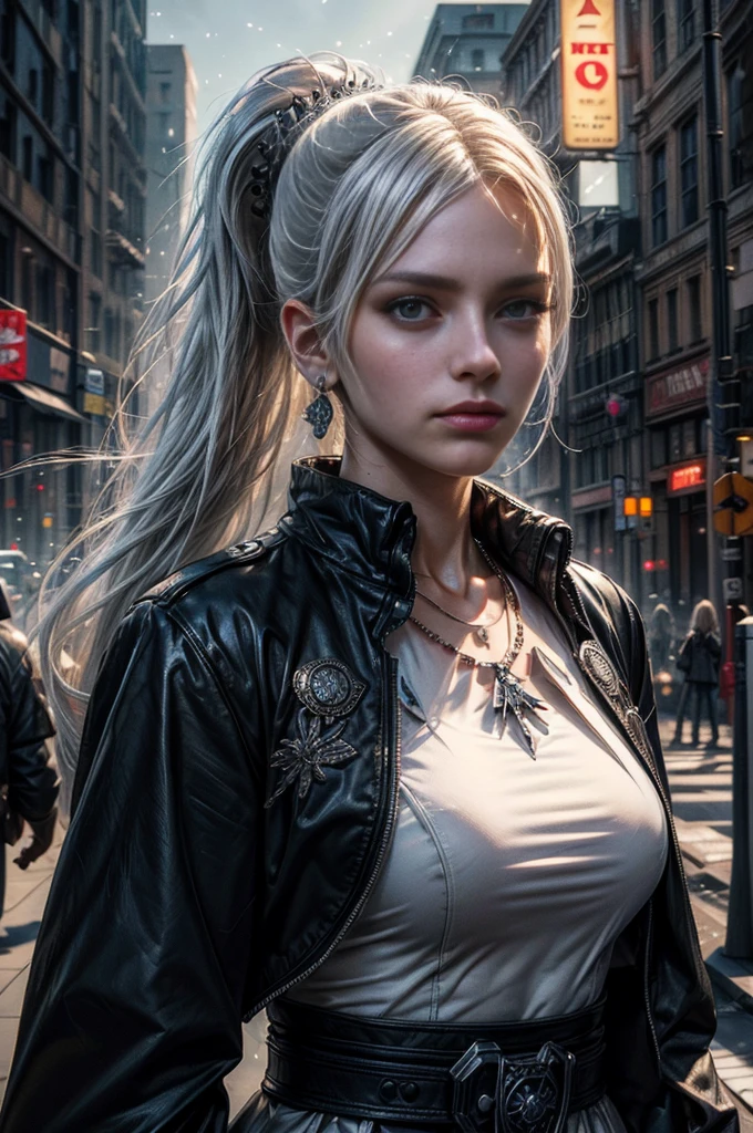 (masterpiece, best quality:1.2), cowboy shot, weissvale, expressionless, closed mouth, looking at viewer, long white hair, side ponytail, scar above eye, scar below eye, military uniform, jewelry, necklace, earrings, in city street (future_urban, crowd, (volumetric lighting), intricate details, tonemapping, sharp focus, hyper detailed
