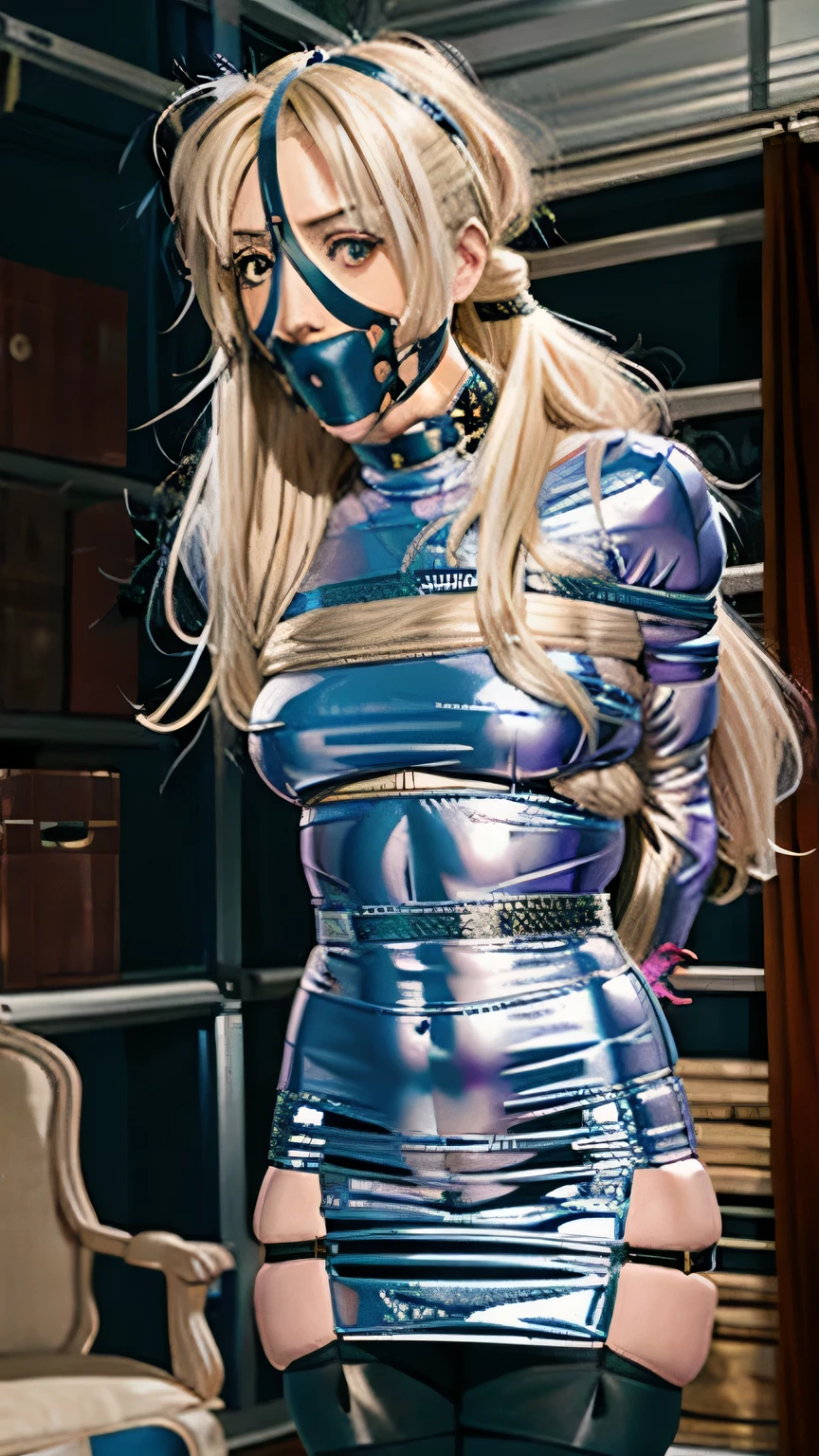 Masterpiece　Blonde　long hair　Wrapped in silver duct tape　Mouth covered with tight panel gag　Mummy Wrapping　Both arms and torso are wrapped together:2.0　Dark torture chamber　