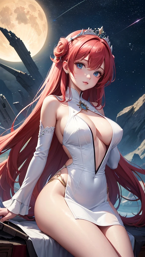 ((masterpiece)), Best Quality, (8k, Best Quality, masterpiece:1.2), ultra detailed, illustration, big fantasy city, Science fiction, ethereal city, floating city, many planets in the heavens, clouds around red hair with white skin with big eyes, black moon forehead tattoo, diadem,  wearing a transparent white silk dress and her measurements are 90 chest, 60 hip, 90 waist. 