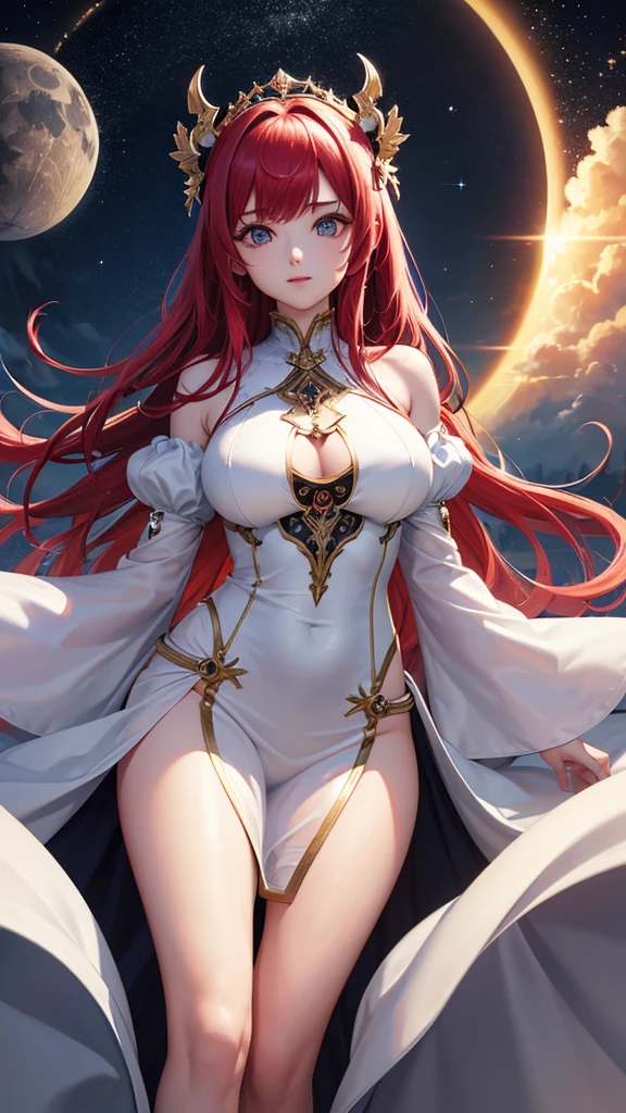 ((masterpiece)), Best Quality, (8k, Best Quality, masterpiece:1.2), ultra detailed, illustration, big fantasy city, Science fiction, ethereal city, floating city, many planets in the heavens, clouds around red hair with white skin with big eyes, black moon forehead tattoo, diadem, wearing a transparent white silk dress and her measurements are 90 chest, 60 hip, 90 waist.