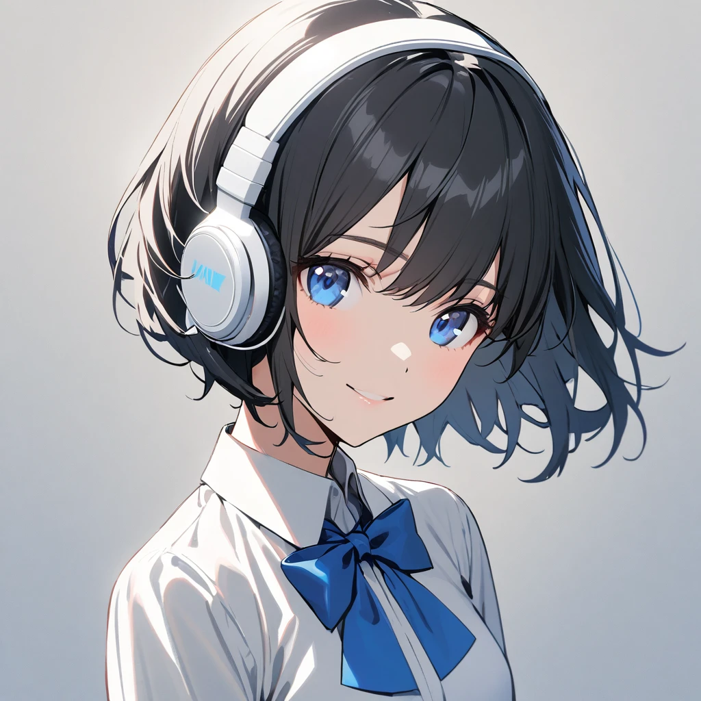 beautiful 1girl, solo, gentle smile on her face flat chest, short hair, black hair, beautiful blue eyes, young, adult woman, blank background, while wearing wireless white headphones, formal white shirt and a blue bowtie, face mostly