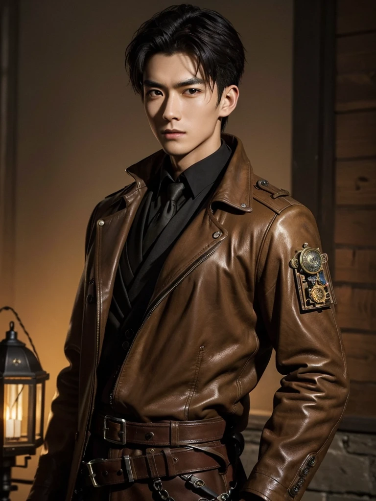 best quality, masterpiece,  1 Handsome chinese slim guy, 20 years old, short hair,  solo,  half shot, looking at viewer, detailed background, detailed face, (bronzepunkai, bronze theme:1.1), steampunk weapons engineer, relaxed countenance, ingenious, wearing leather clothes, steampunk accessories, pistol,  inventing  gunpowder firearms, clockwork  technology, pipes, , ammunition, fantastical medieval workshop in background, lamplight, hazy air,  