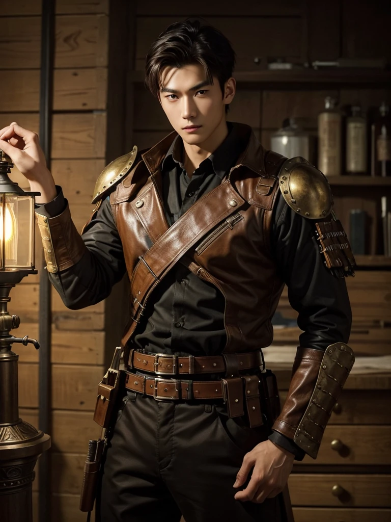 best quality, masterpiece,  1 Handsome chinese slim guy, 20 years old, short hair,  solo,  half shot, looking at viewer, detailed background, detailed face, (bronzepunkai, bronze theme:1.1), steampunk weapons engineer, relaxed countenance, ingenious, wearing leather clothes, steampunk accessories, pistol,  inventing  gunpowder firearms, clockwork  technology, pipes, , ammunition, fantastical medieval workshop in background, lamplight, hazy air,  