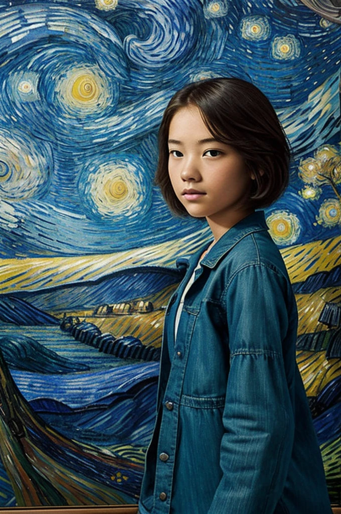 ager with short shoulder-length hair, looking at a vang gogh painting " the starry Night"