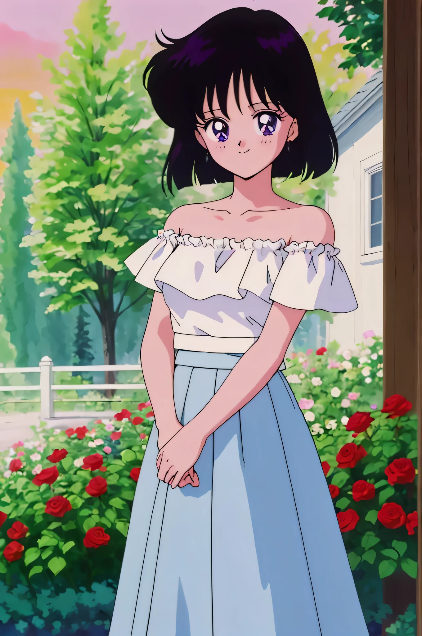 (retro anime girl:1.2), (white dress:1.1), (masterpiece:1.2), (best quality), (ultra detailed), (8k,4k), (half body:1.2), (cowboy:1.2), (close up:1.2), (highly detailed:1.2), (Ruffle Off-the-shoulder top:1.4), (Maxi skirt:1.4), Hotaru Tomoe, 1 girl, solo, Best quality, masterpiece, High Definition, Teenager, Purple Eyes, Beautiful Detail Eyes, Black Bob Hair, Good hands at sides, Smile, Blushing, Bare Neck, Bare Arms, Bare Shoulders, short sleeve, Strapless, White Ruffle Off-the-Shoulder Top, White Off-the-shoulder Dress, White maxi dress, walking in the garden, looking at viewers, garden, sunset skies, rose bushes, outdoor gazebo