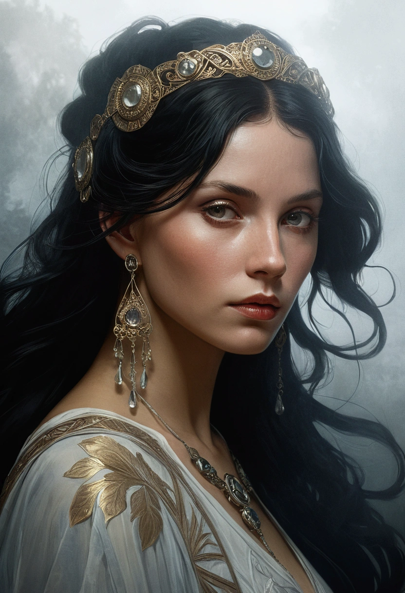 portrait of emb-rebecca with long black hair in the fog, cinematic lighting, photorealisitic, ornated, intrikate, realisitic, detailded, volumetric light and shadow intrikate, chic, highly detailded, digitalpainting, art station, conceptual artwork, Soft, sharp focus, illustration, arte de artgerm y greg rutkowski y alphonse mucha, super detailded