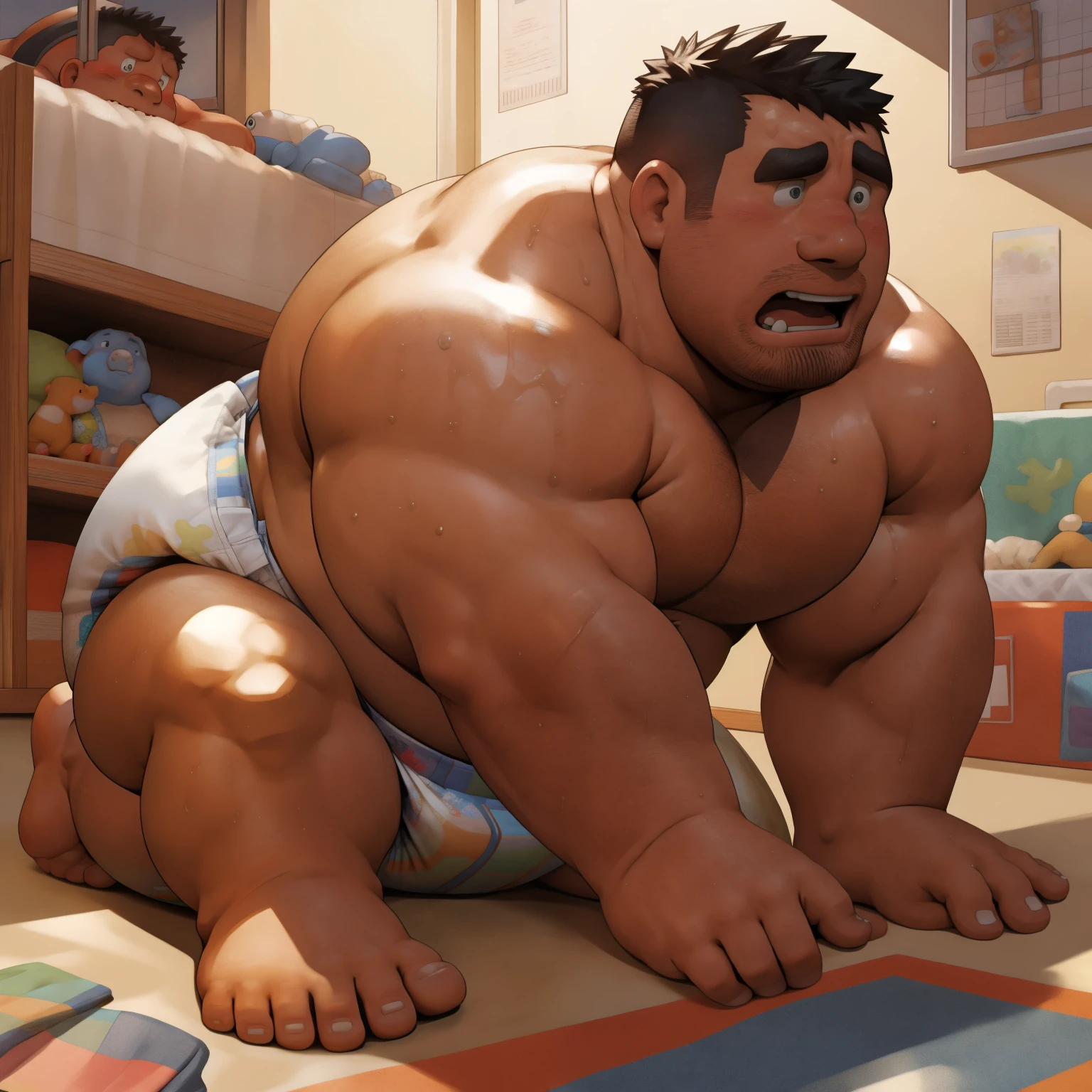 masterpiece, Top quality, in 32K, perfect anatomy, hyper detailed, super fine illustration, The thick man is a brutal prisoner, retarded, hairy human, 50yo in Japan, (fatness: 1.0), Fatty muscle, Bowleg, disappointment, incontinent, shy, sissy, Weaker than children, Drool, Round face, be diaper check by children, waddle, There is a small puddle under him, incontinent, Naked, short legs, Bowleg, spread legs, wear a White cloth Diaper, Bare belly, Bare legs, Bare foots, Bare soles, Shirtless, wide forehead and short thinning hair, Man with round face with stubble, Bare foots, Bare soles, He enters nursery school and is despised by children, He surrounded by children, His bottom is wet, Bare foots, big butt, he is scolded by the children, White Diaper, He surrounded by children, sobbing, wear a White cloth Diaper, shirtless, There is a small puddle under him, He enters nursery school and is despised by children, big butt, sobbing, He crawling to go to children, on all fours, side view