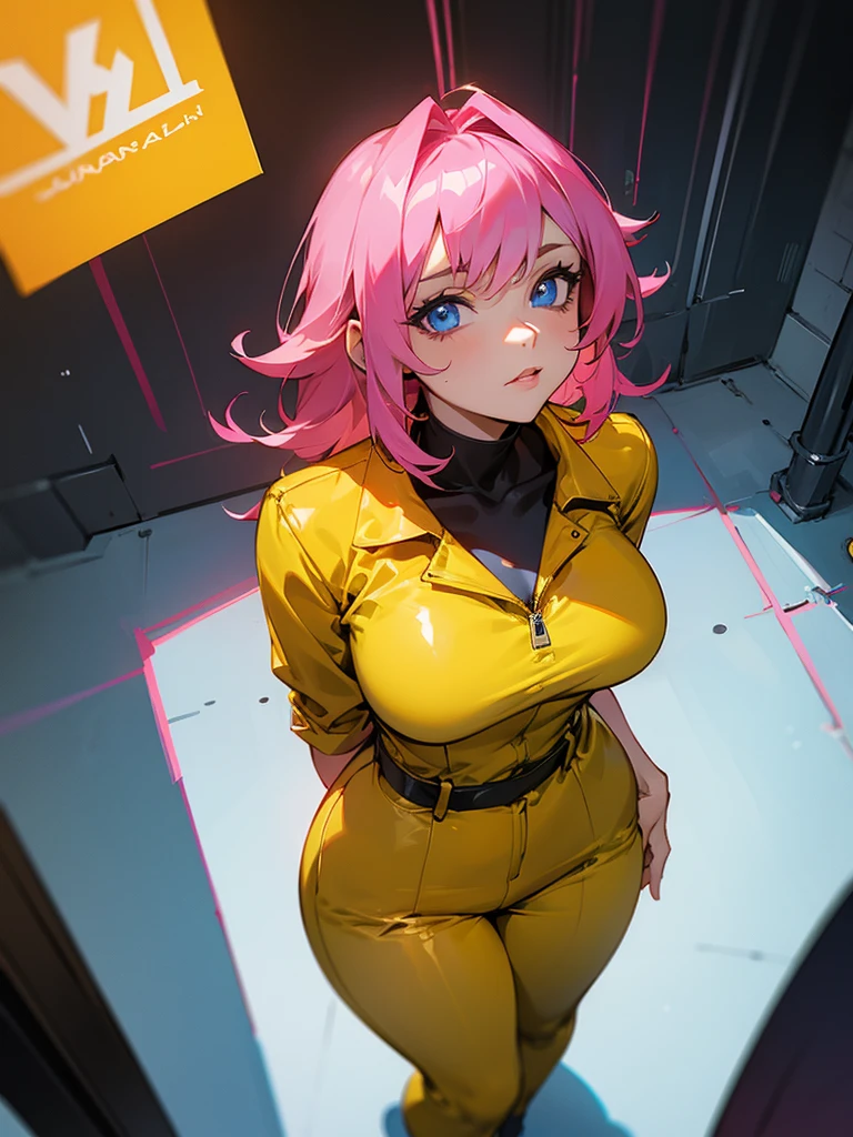 Fearless mature woman inside a server being viewed through a HUD with information, Facial Focus,  big pink hair, shining blue eyes, wearing a mustard yellow jumpsuit, breasts big, looking 35 years old, eye on the spectator, look to the camera, , the background is a dark corridor,  Hands on waist, thick-thighs, ((look up looking at the viewer)), Masterpiece artwork