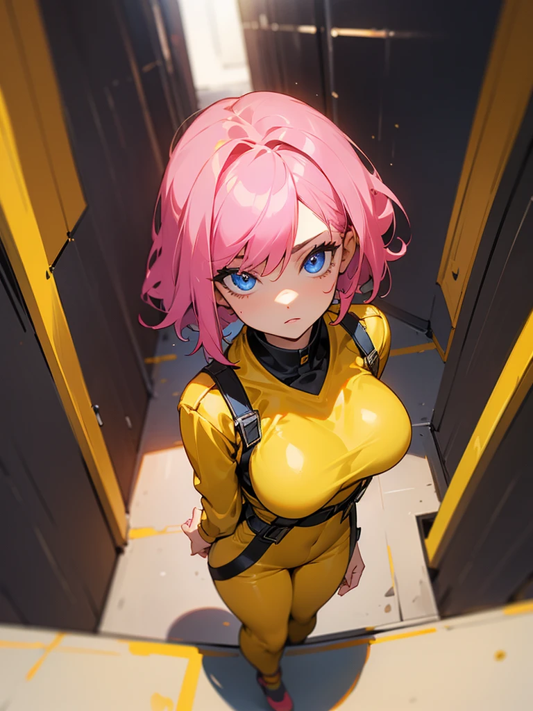 Fearless mature woman inside a server being viewed through a HUD with information, Facial Focus,  big pink hair, shining blue eyes, wearing a mustard yellow jumpsuit, breasts big, looking 35 years old, eye on the spectator, look to the camera, , the background is a dark corridor,  Hands on waist, thick-thighs, ((look up looking at the viewer)), Masterpiece artwork